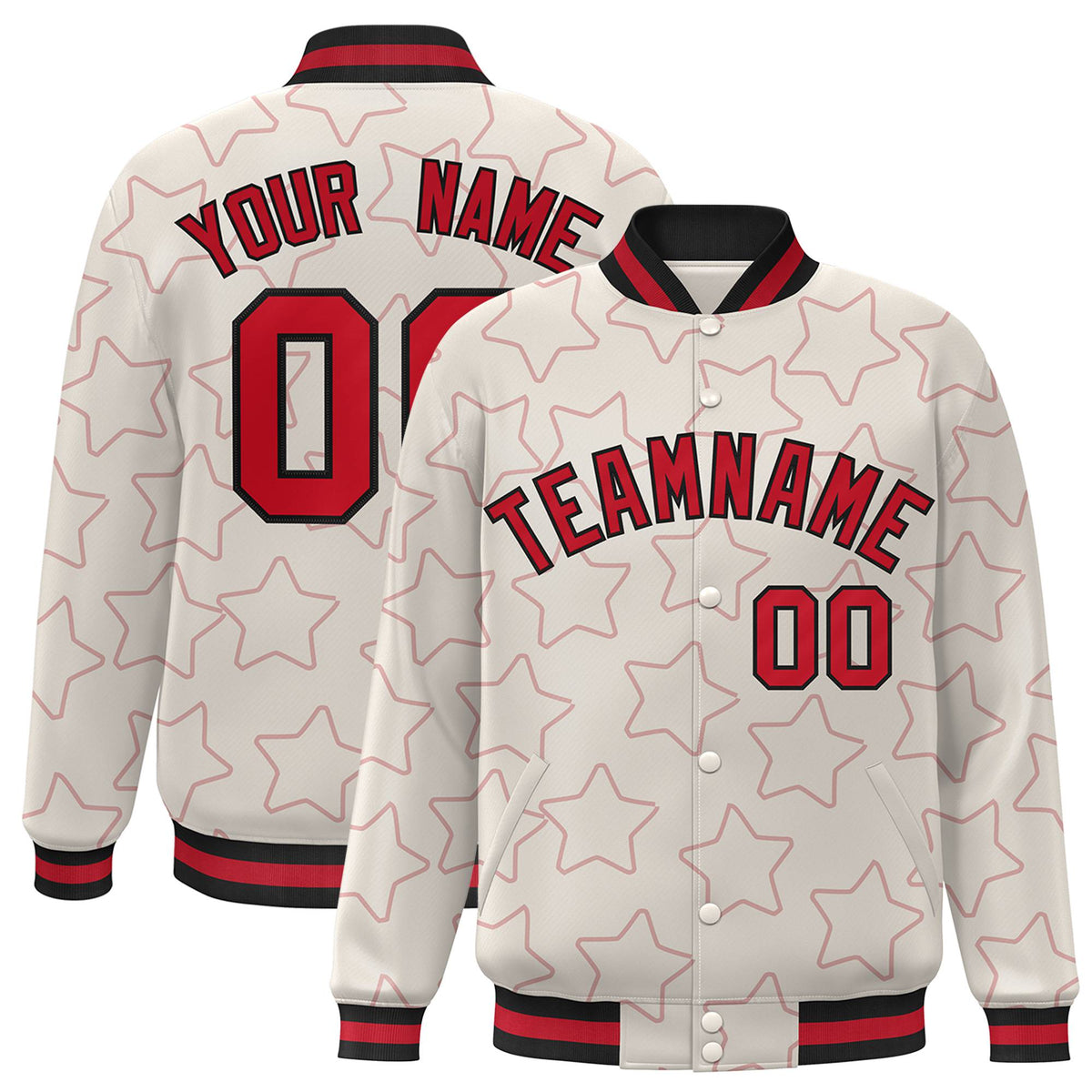 Custom Cream Red-Black Varsity Full-Snap Star Pattern Letterman Baseball Jacket