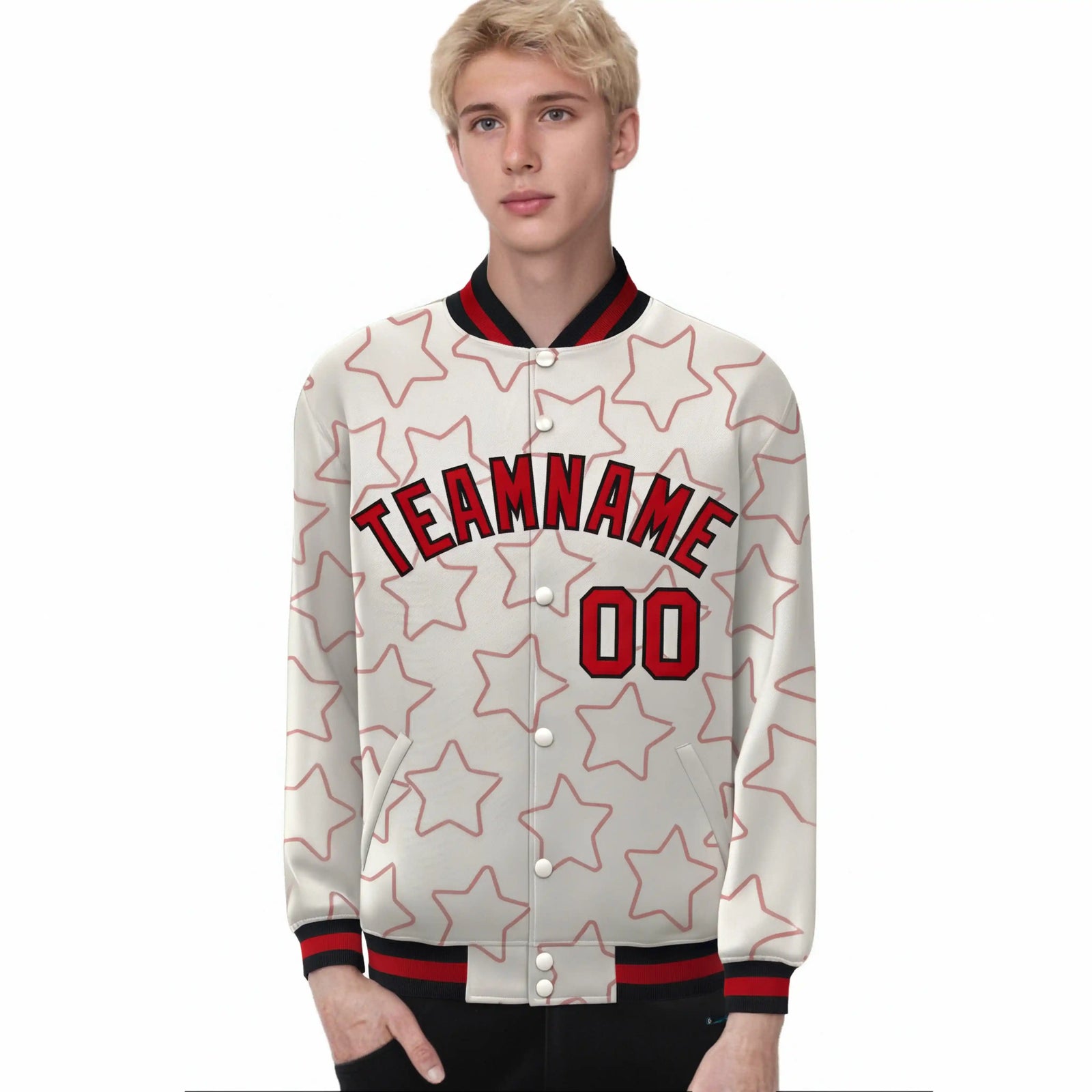 Custom Cream Red-Black Varsity Full-Snap Star Pattern Letterman Baseball Jacket