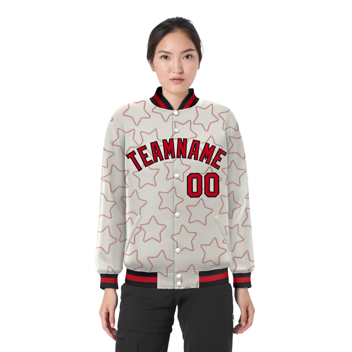 Custom Cream Red-Black Varsity Full-Snap Star Pattern Letterman Baseball Jacket