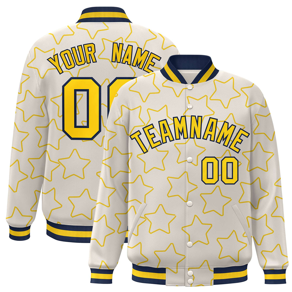 Custom Cream Gold-Navy Varsity Full-Snap Star Pattern Letterman Baseball Jacket