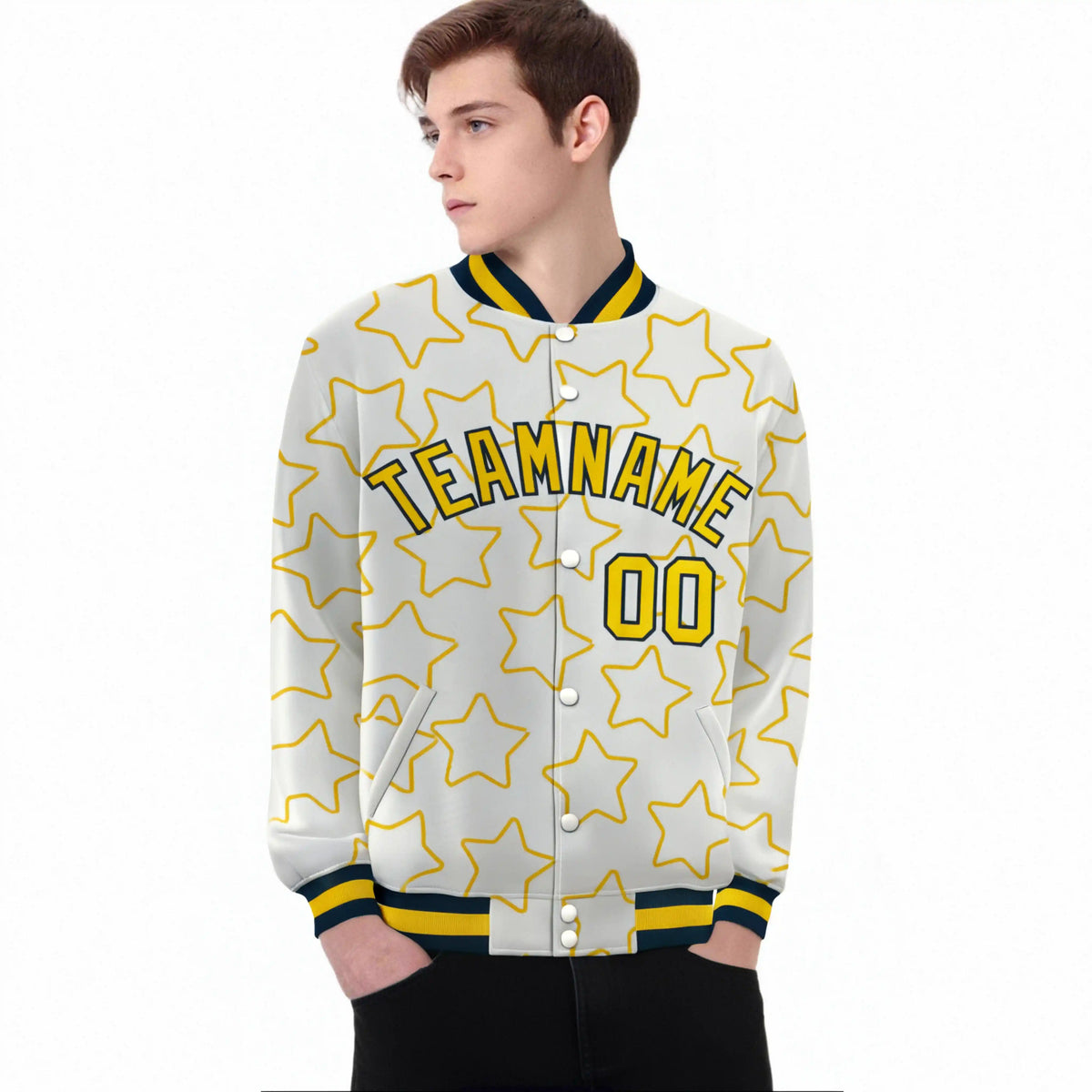 Custom Cream Gold-Navy Varsity Full-Snap Star Pattern Letterman Baseball Jacket