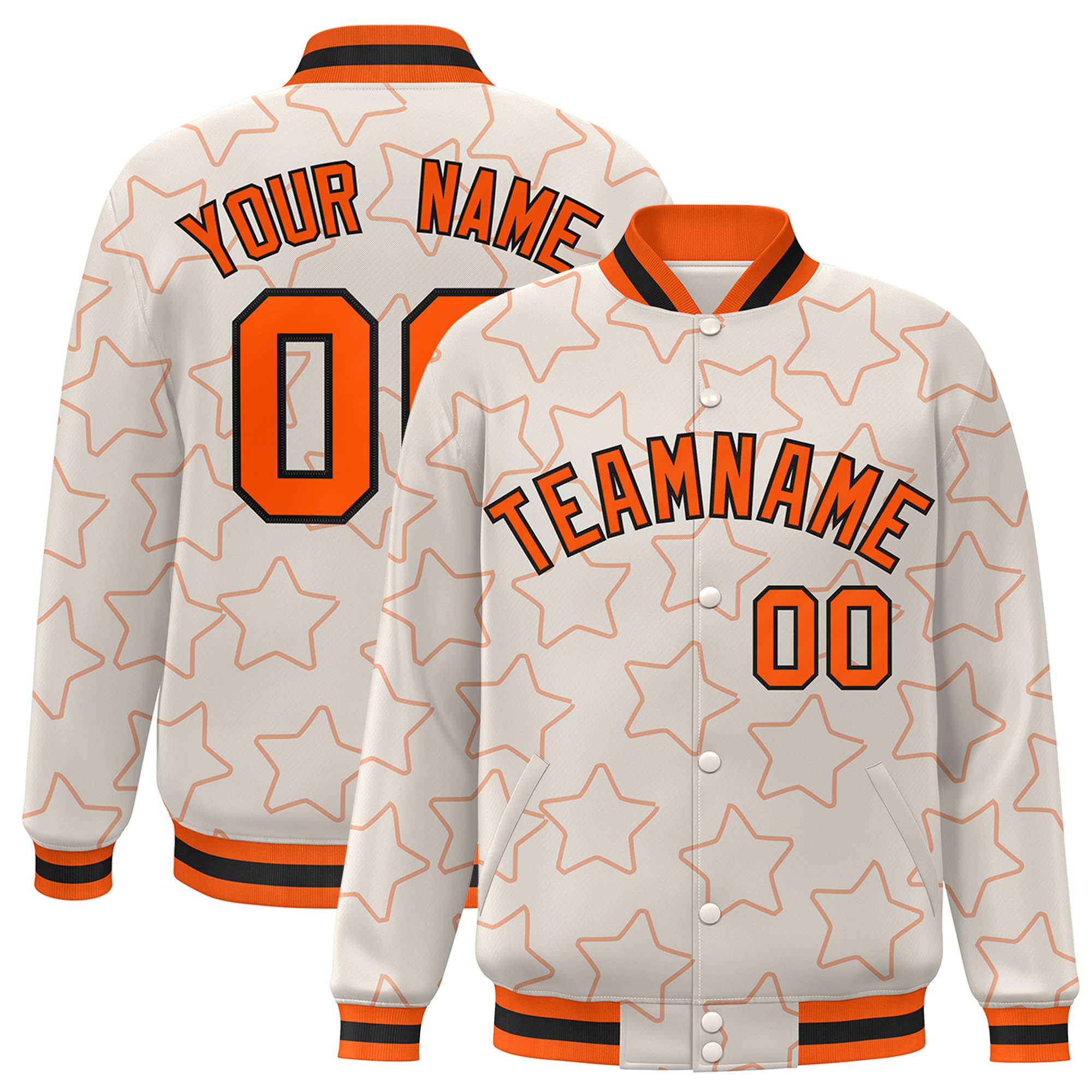 Custom Cream Orange-Black Varsity Full-Snap Star Pattern Letterman Baseball Jacket