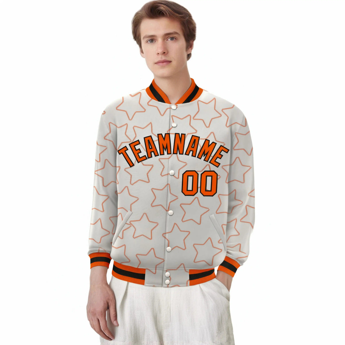 Custom Cream Orange-Black Varsity Full-Snap Star Pattern Letterman Baseball Jacket