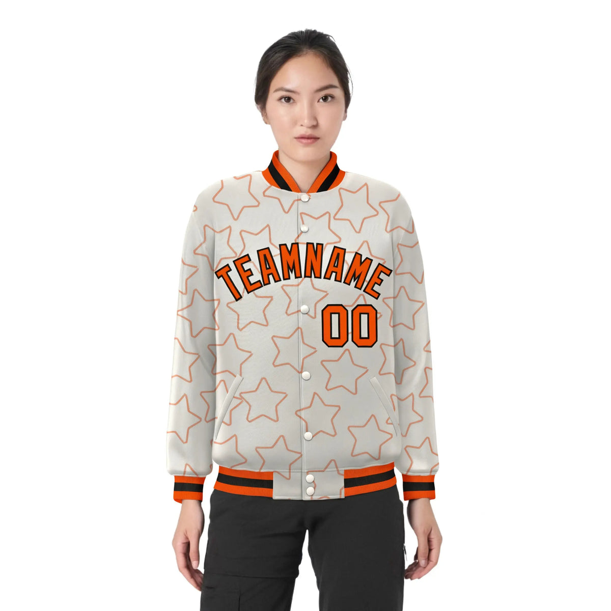 Custom Cream Orange-Black Varsity Full-Snap Star Pattern Letterman Baseball Jacket