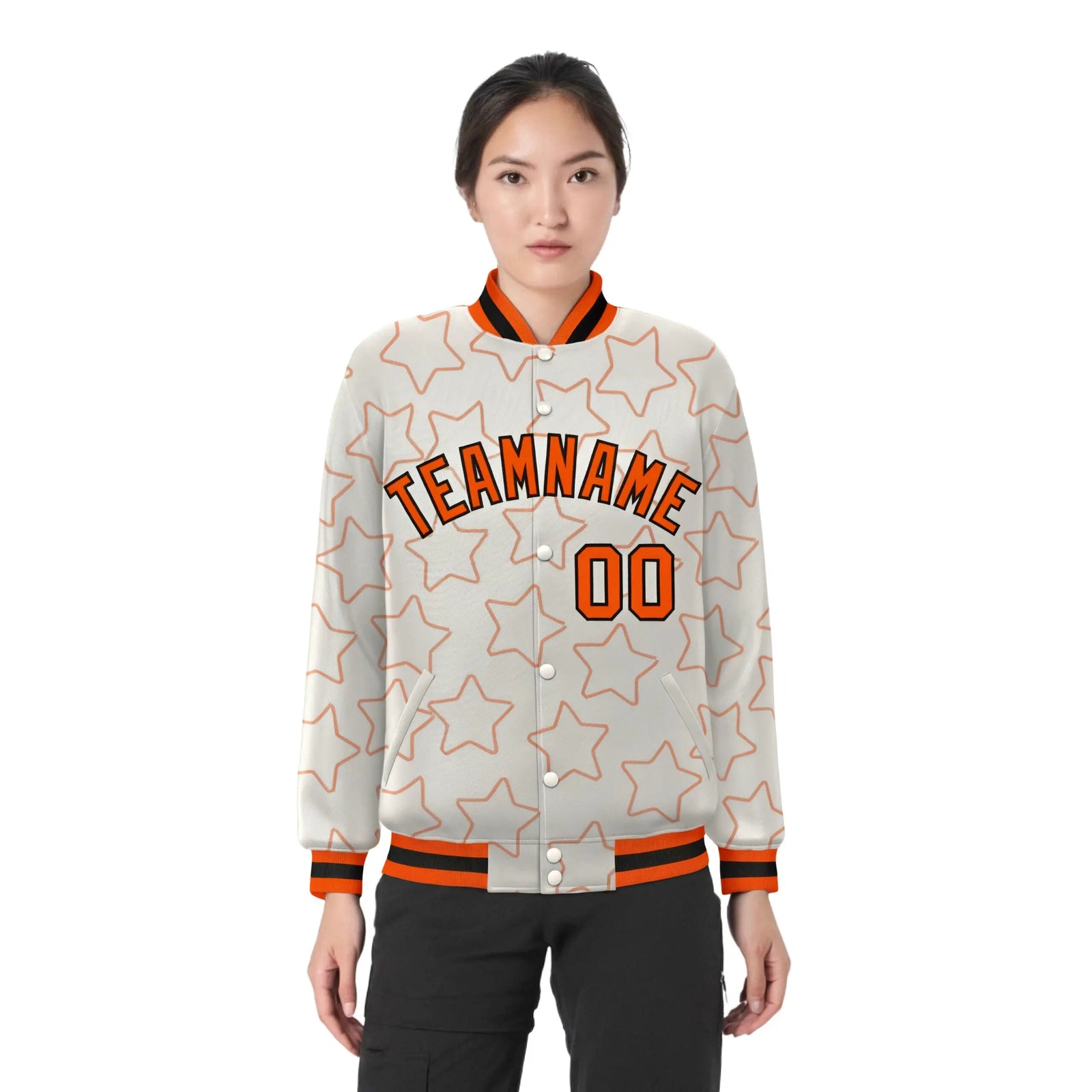 Custom Cream Orange-Black Varsity Full-Snap Star Pattern Letterman Baseball Jacket
