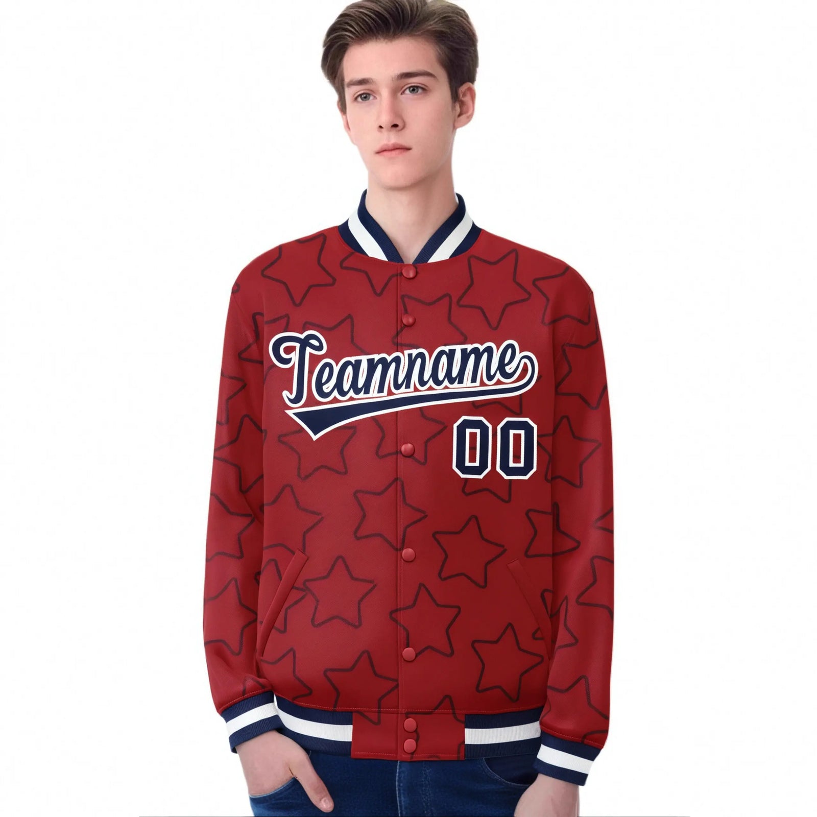 Custom Red Navy Varsity Full-Snap Star Pattern Letterman Baseball Jacket