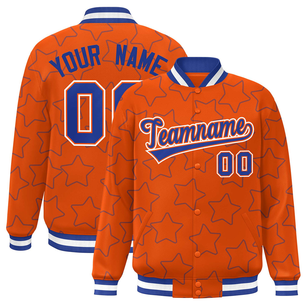 Custom Orange-Royal Blue Varsity Full-Snap Star Pattern Letterman Baseball Jacket