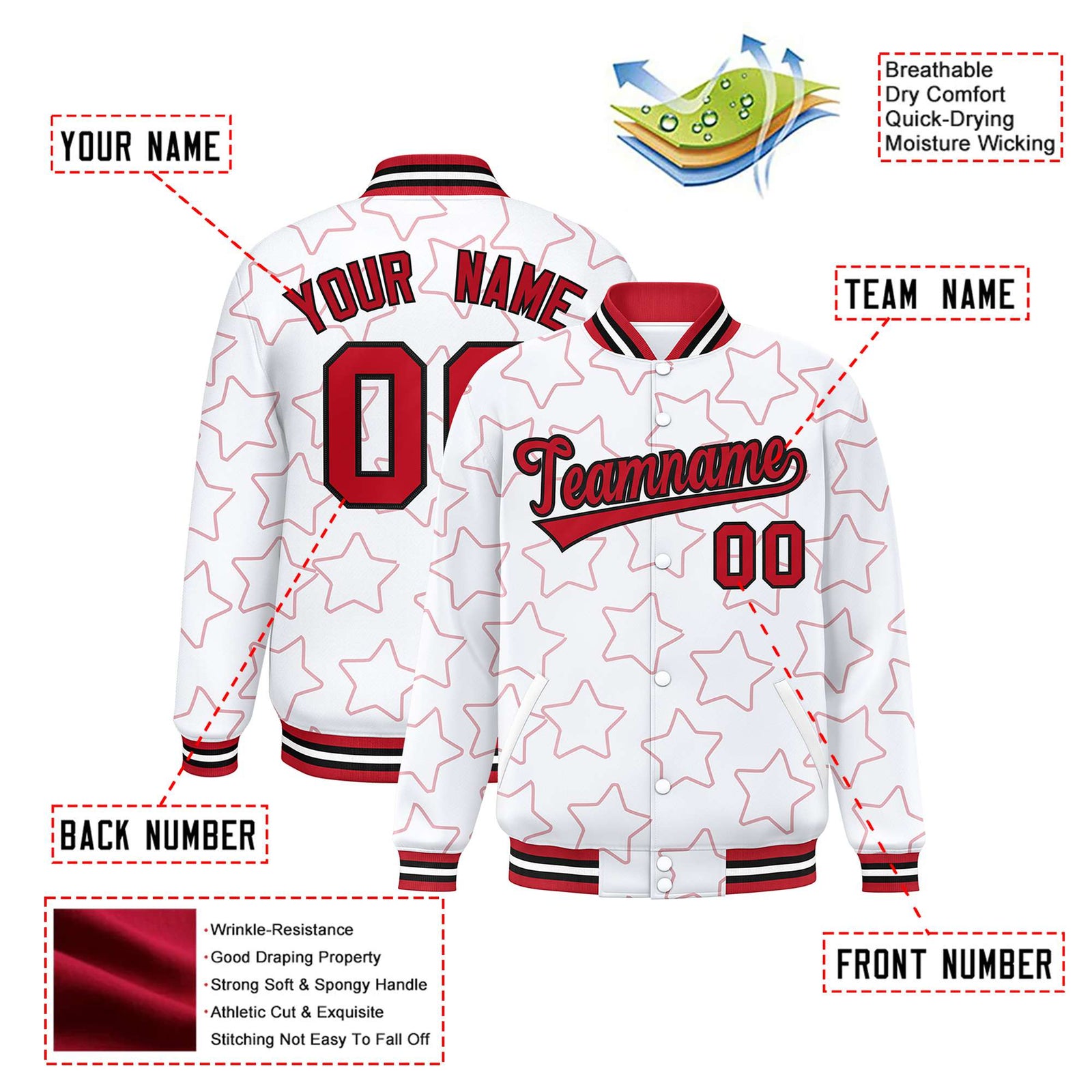 Custom White Red Varsity Full-Snap Star Pattern Letterman Baseball Jacket