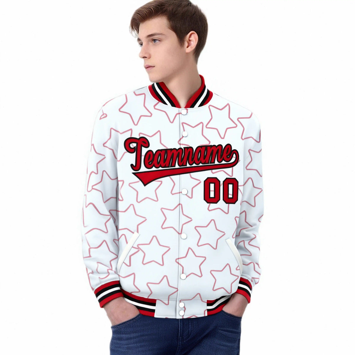 Custom White Red Varsity Full-Snap Star Pattern Letterman Baseball Jacket