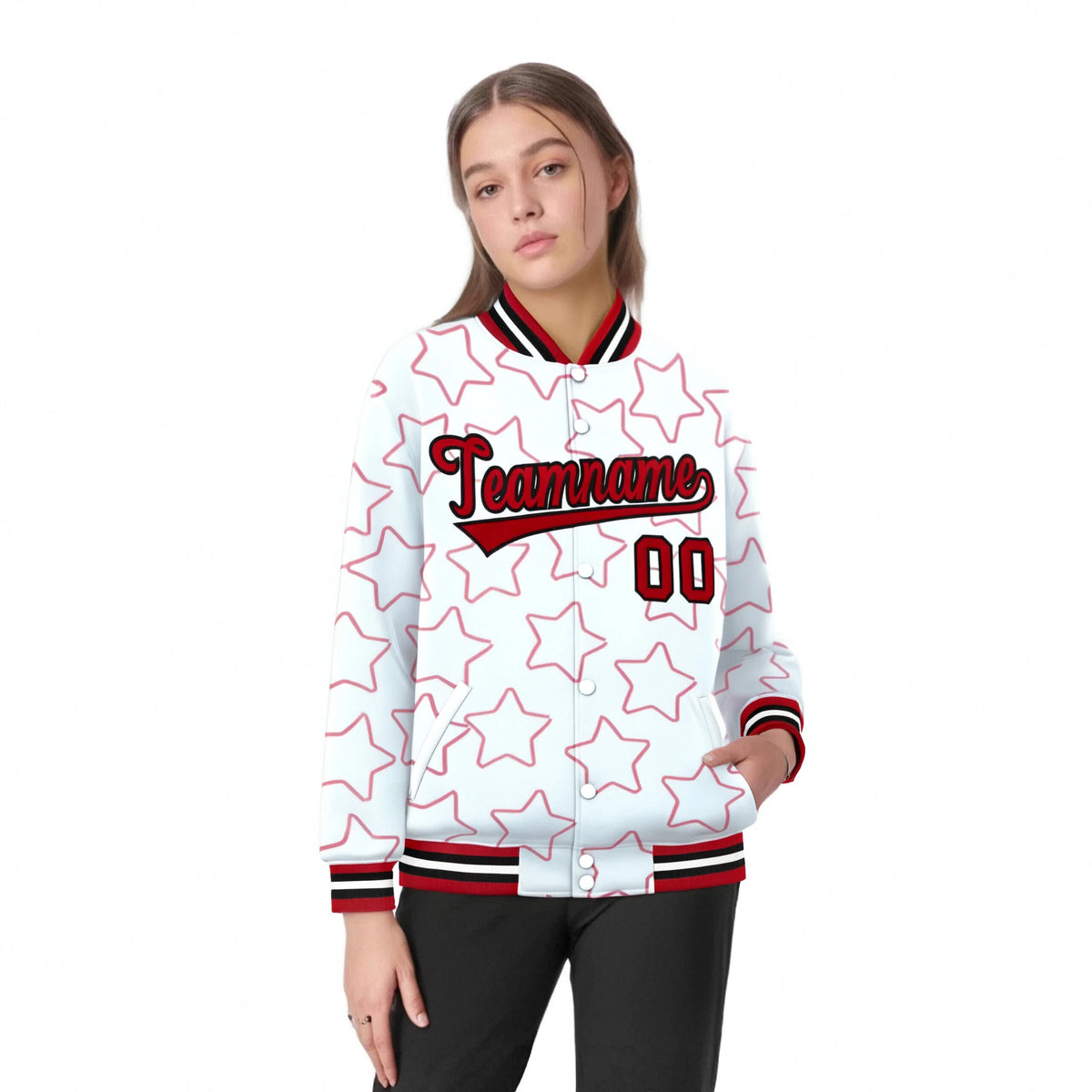Custom White Red Varsity Full-Snap Star Pattern Letterman Baseball Jacket
