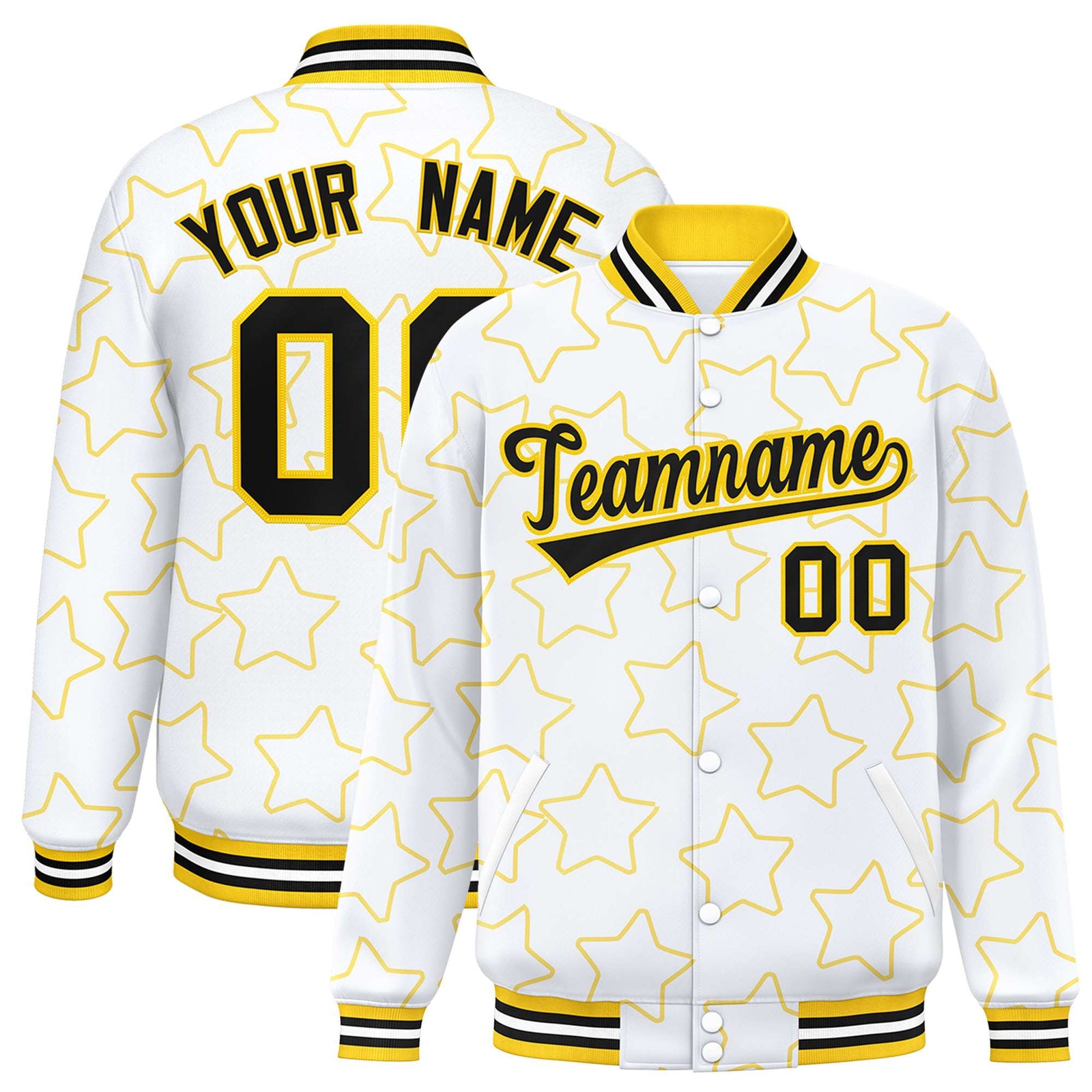 Custom White Black Varsity Full-Snap Star Pattern Letterman Baseball Jacket