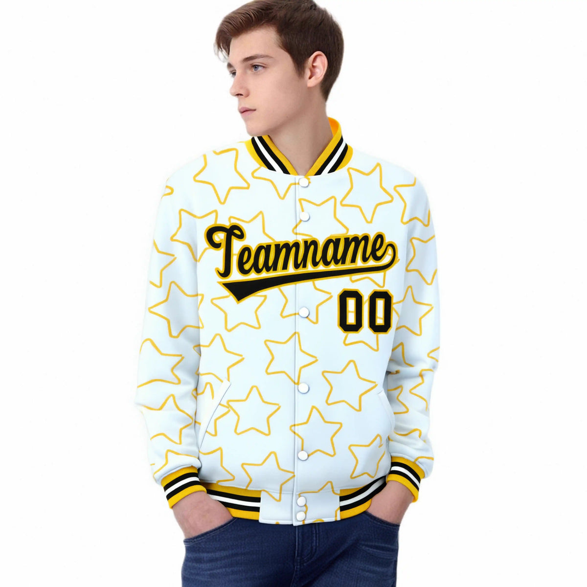 Custom White Black Varsity Full-Snap Star Pattern Letterman Baseball Jacket