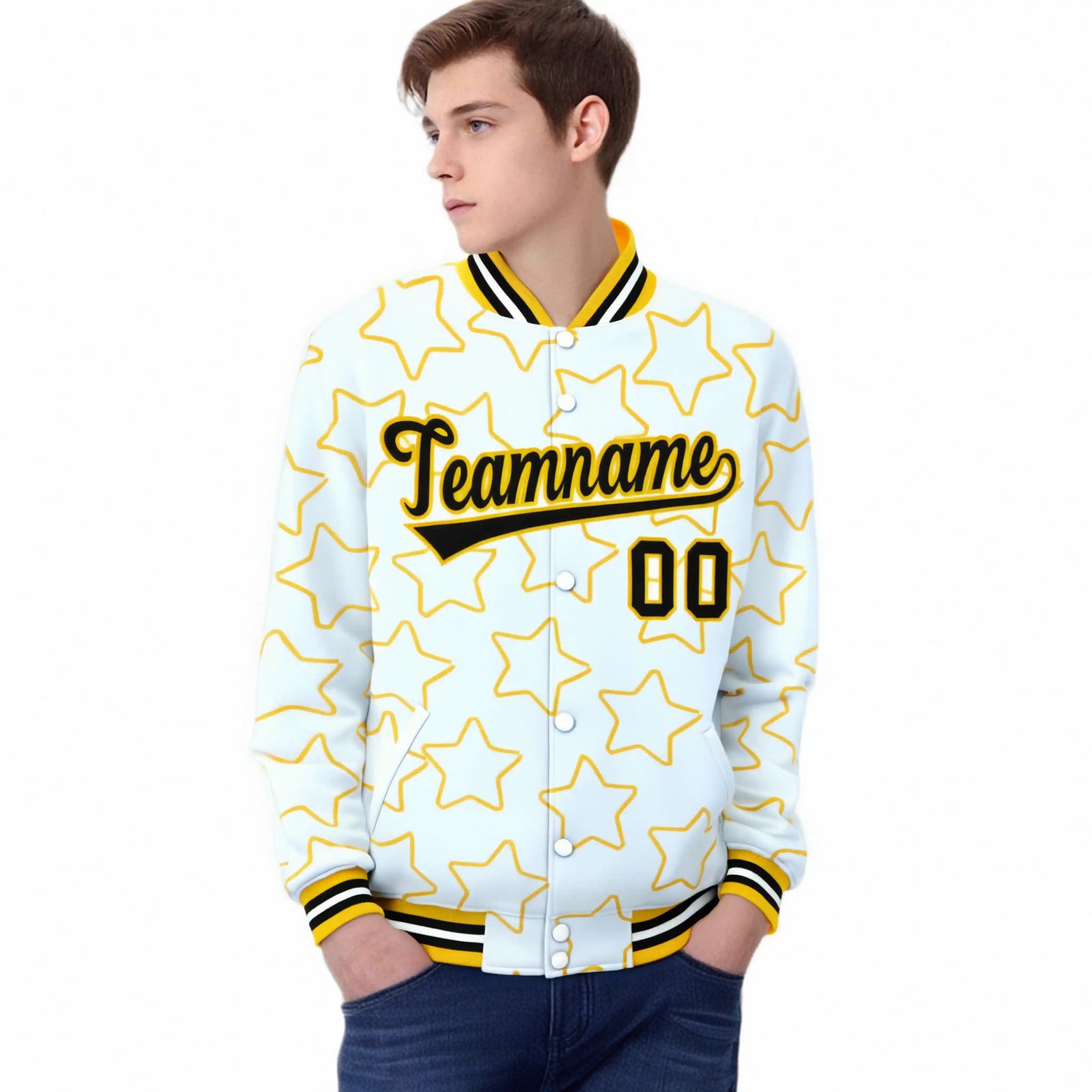Custom White Black Varsity Full-Snap Star Pattern Letterman Baseball Jacket