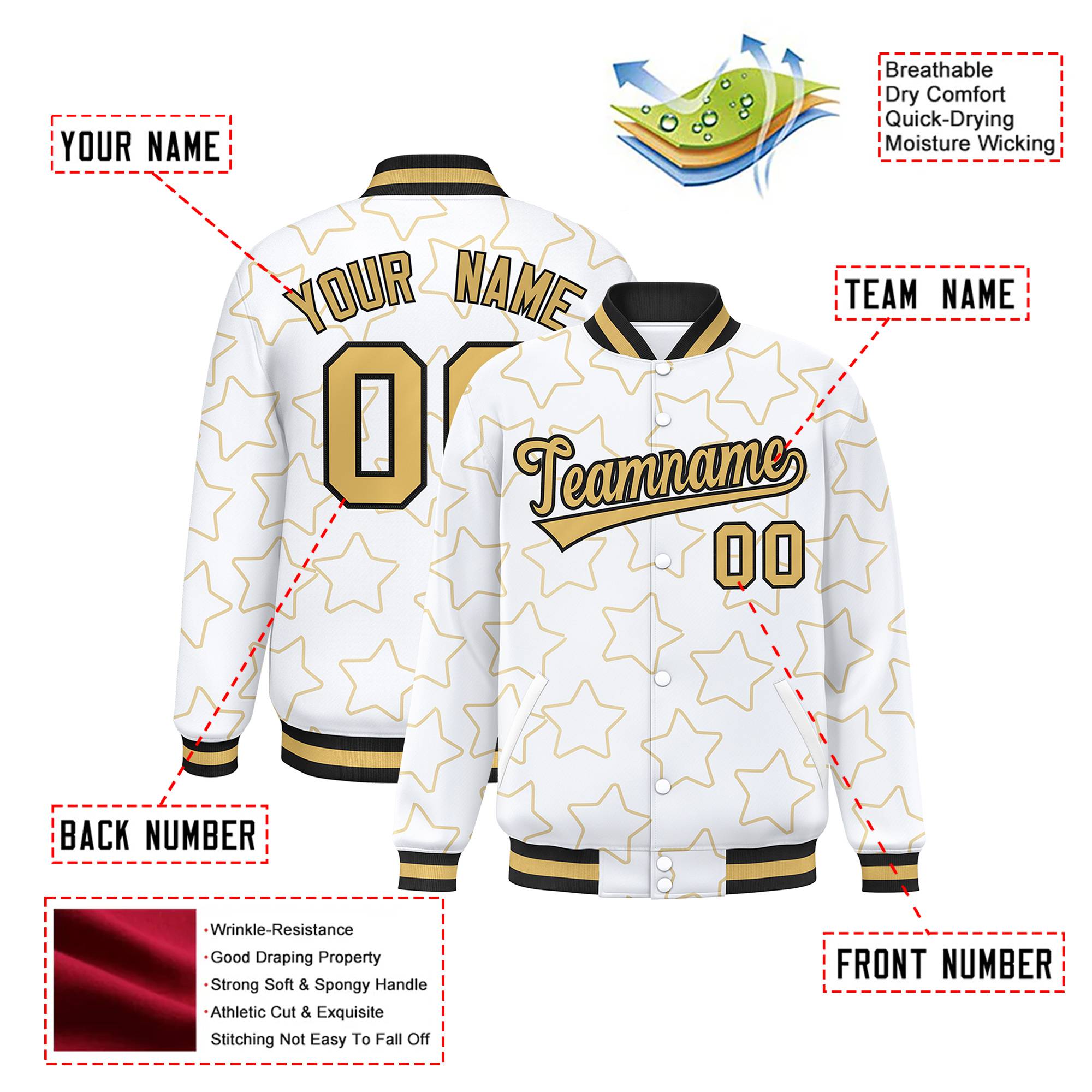Custom White-Old Gold Varsity Full-Snap Star Pattern Letterman Baseball Jacket