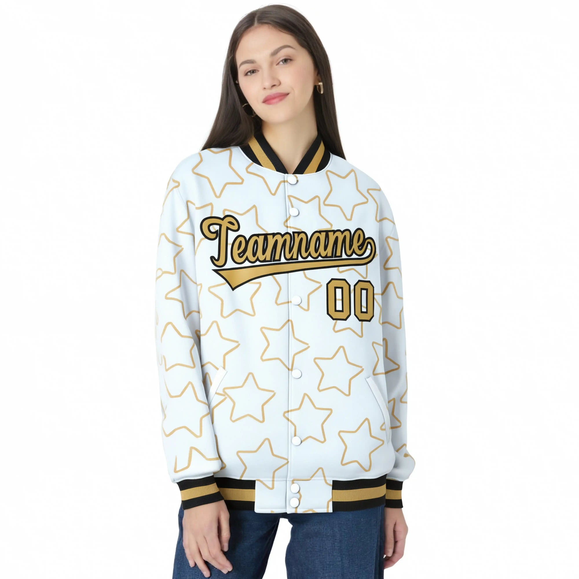 Custom White-Old Gold Varsity Full-Snap Star Pattern Letterman Baseball Jacket