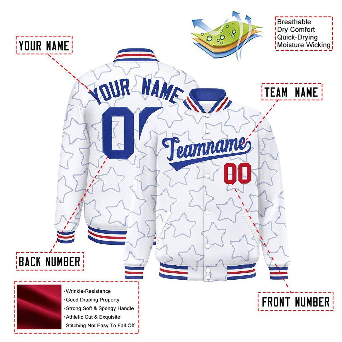 Custom White Royal Blue-Red Varsity Full-Snap Star Pattern Letterman Baseball Jacket