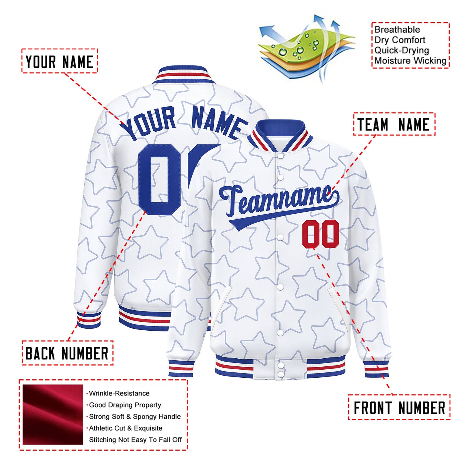 Custom White Royal Blue-Red Varsity Full-Snap Star Pattern Letterman Baseball Jacket