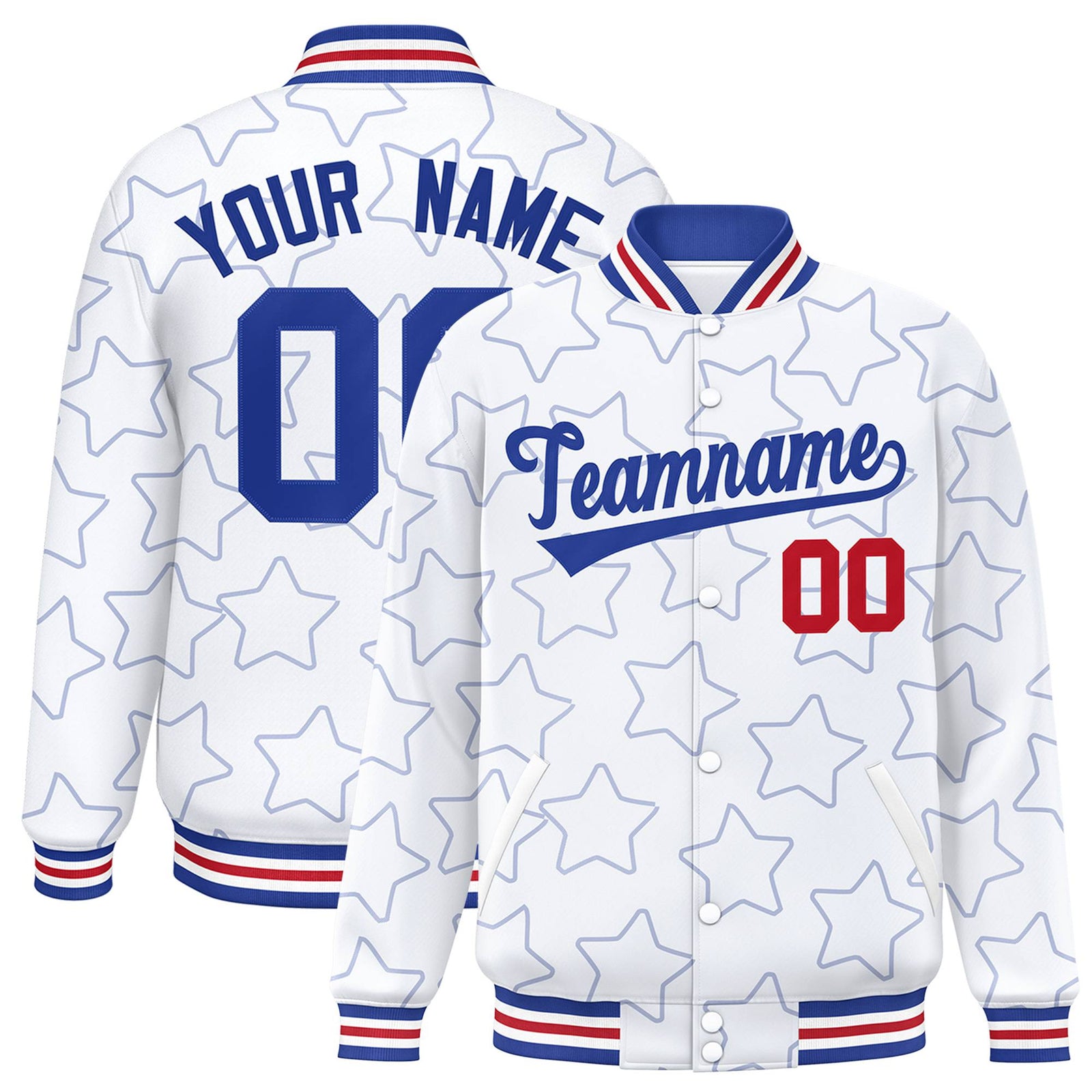 Custom White Royal Blue-Red Varsity Full-Snap Star Pattern Letterman Baseball Jacket