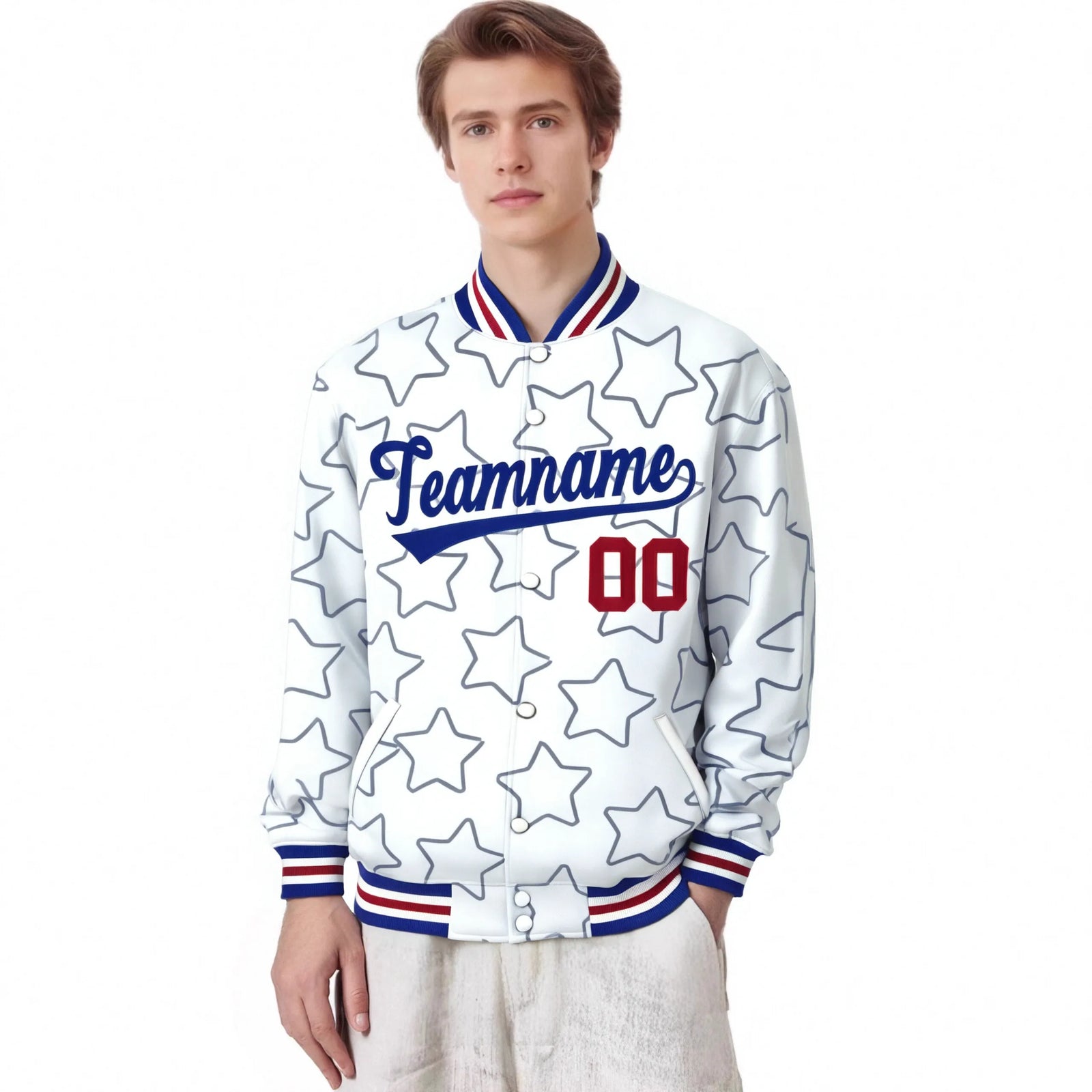 Custom White Royal Blue-Red Varsity Full-Snap Star Pattern Letterman Baseball Jacket
