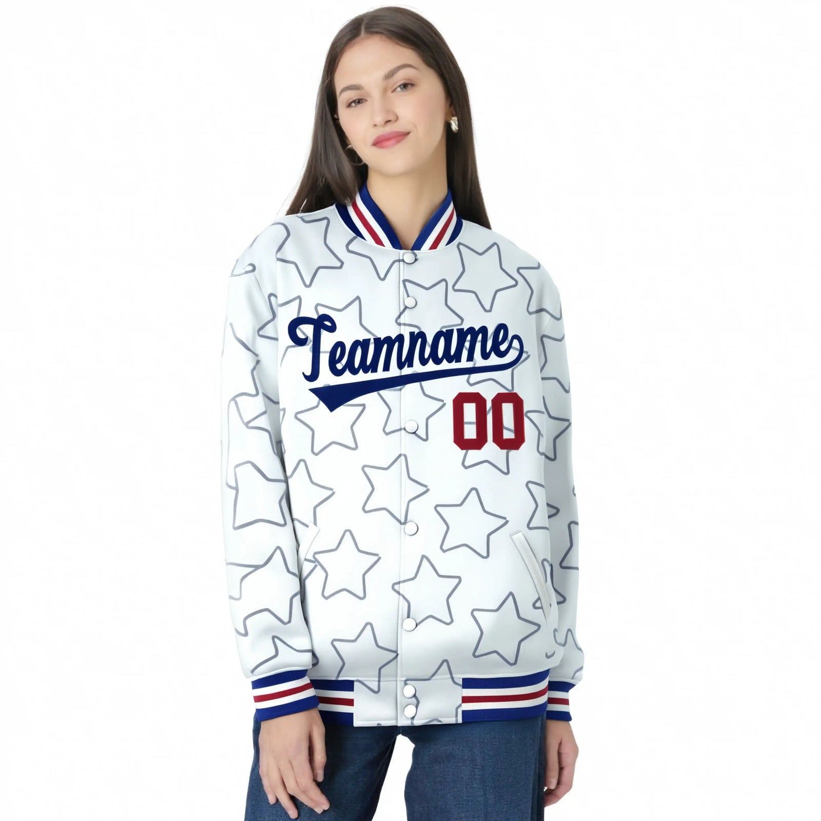 Custom White Royal Blue-Red Varsity Full-Snap Star Pattern Letterman Baseball Jacket
