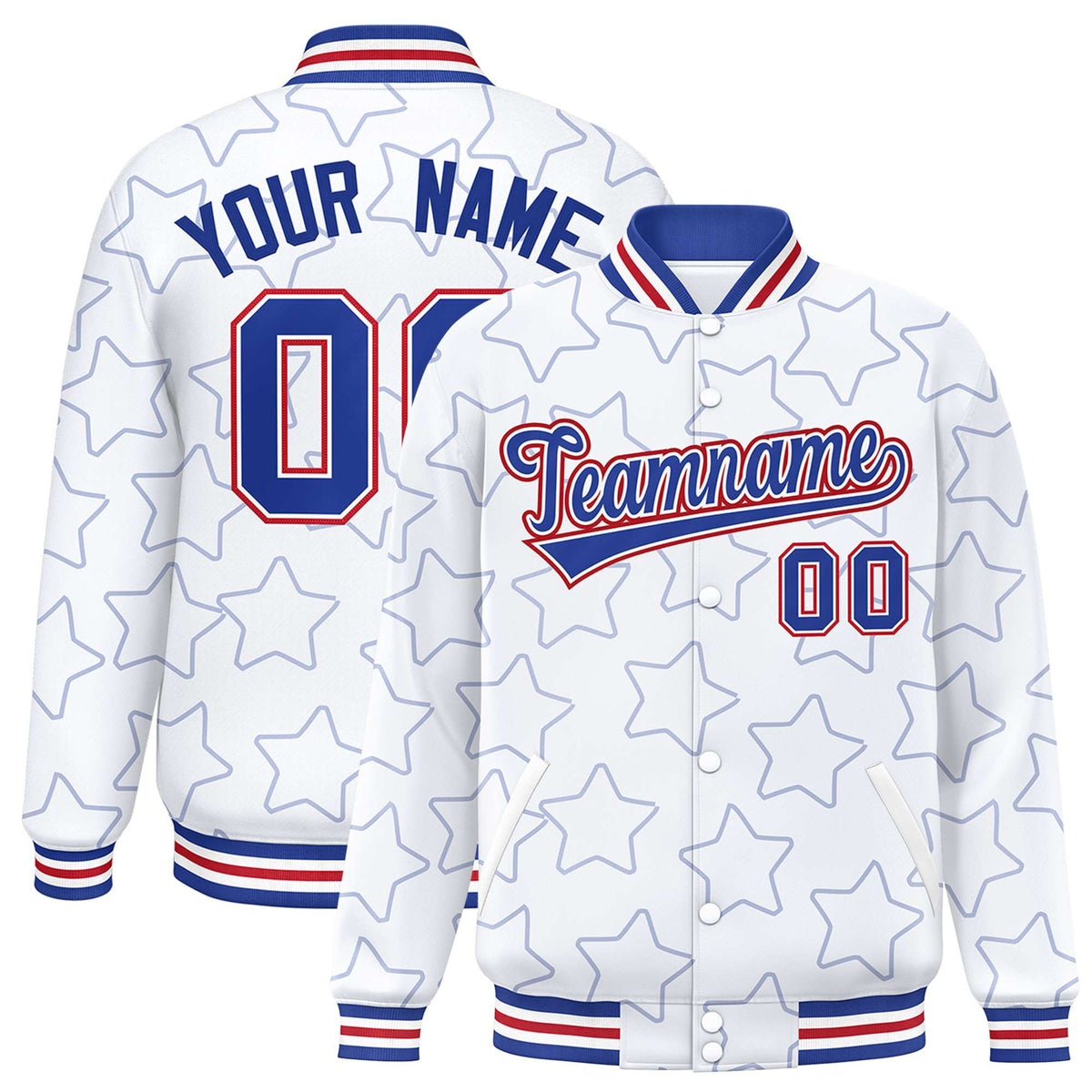 Custom White Royal Blue-Royal Blue Varsity Full-Snap Star Pattern Letterman Baseball Jacket
