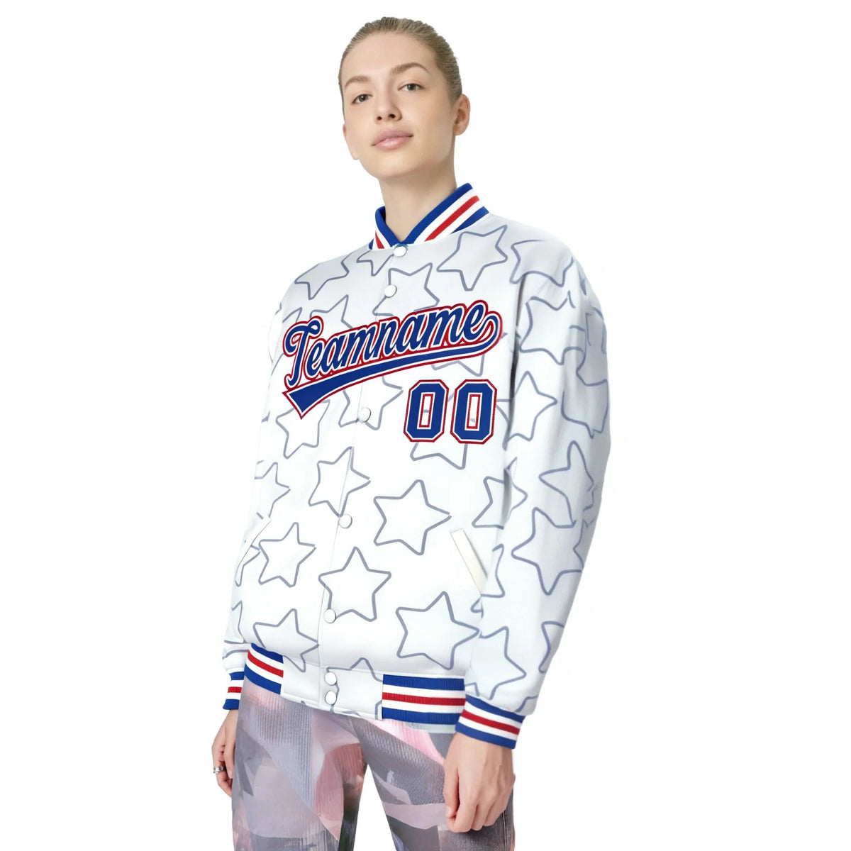Custom White Royal Blue-Royal Blue Varsity Full-Snap Star Pattern Letterman Baseball Jacket