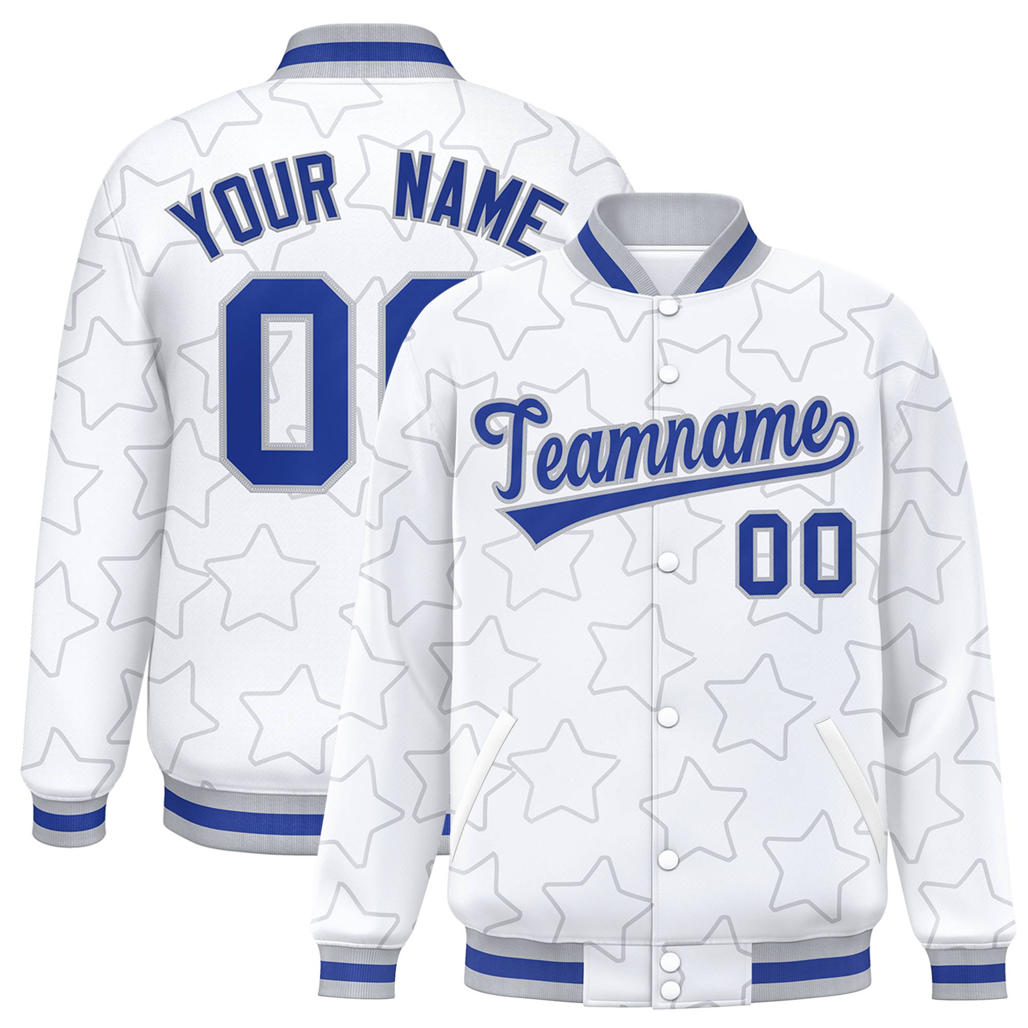 Custom White Royal Blue-Gray Varsity Full-Snap Star Pattern Letterman Baseball Jacket