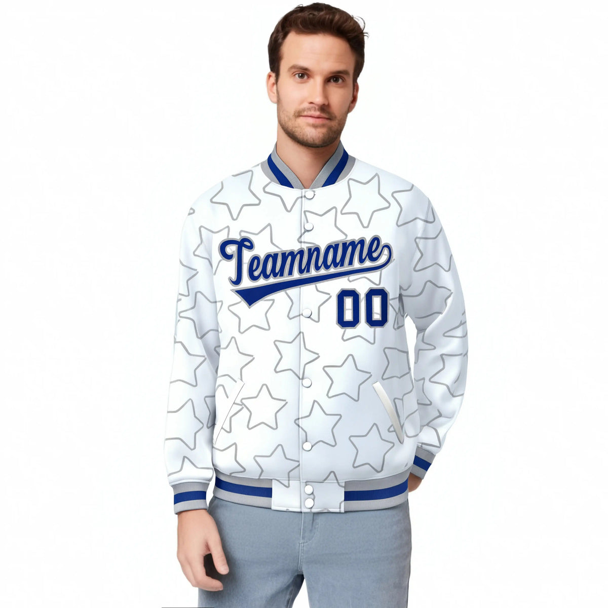 Custom White Royal Blue-Gray Varsity Full-Snap Star Pattern Letterman Baseball Jacket
