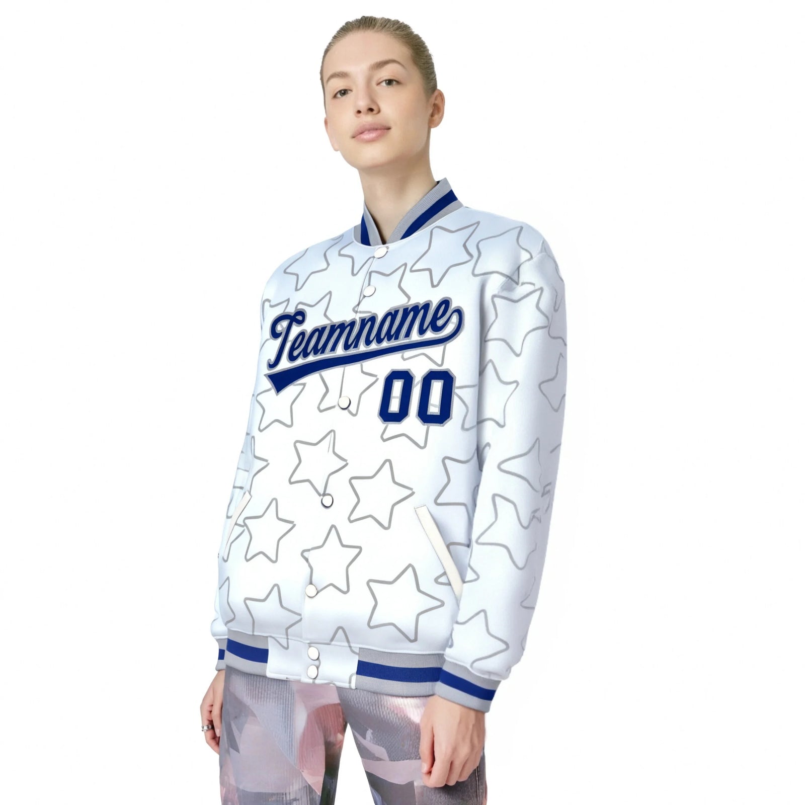 Custom White Royal Blue-Gray Varsity Full-Snap Star Pattern Letterman Baseball Jacket