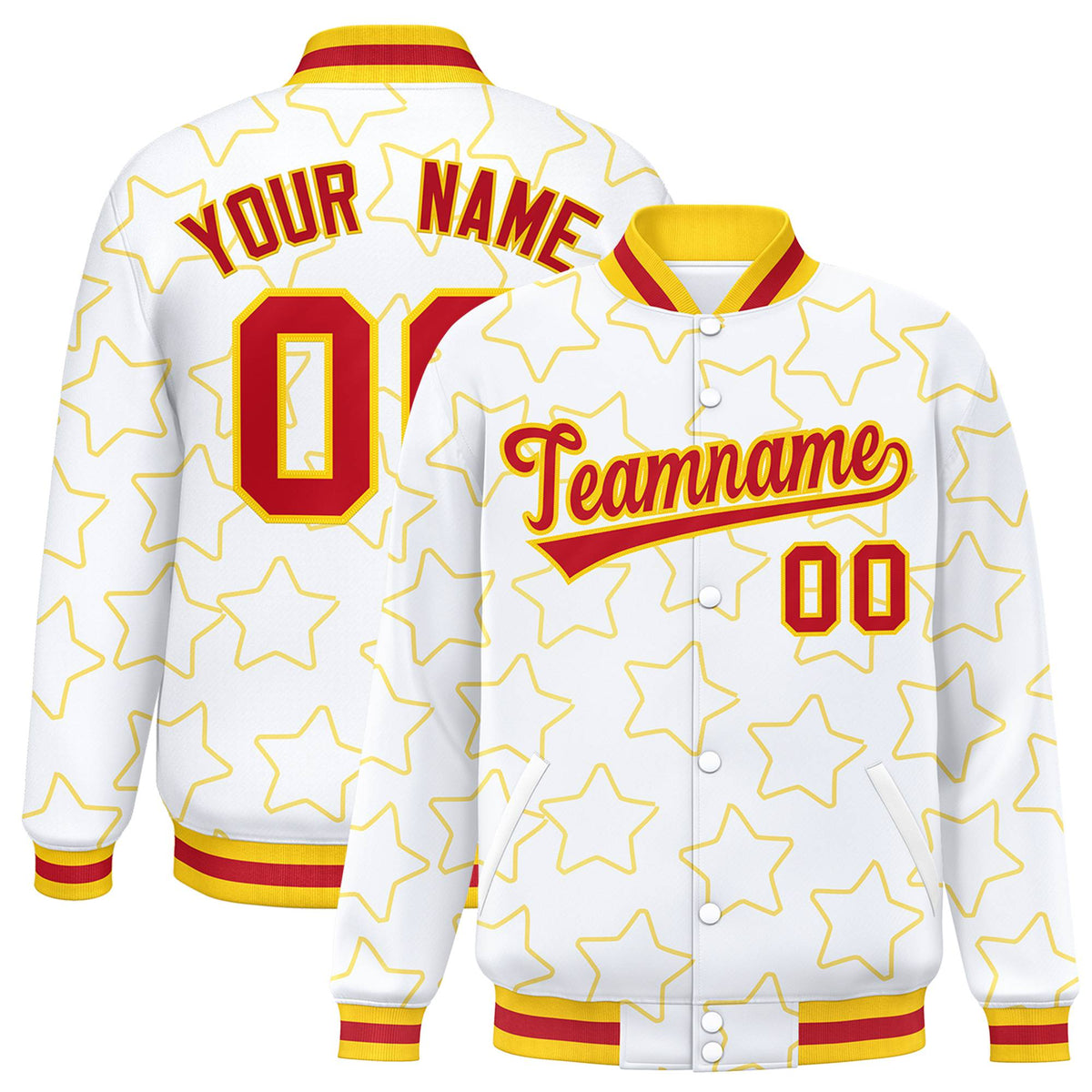 Custom White Red-Gold Varsity Full-Snap Star Pattern Letterman Baseball Jacket