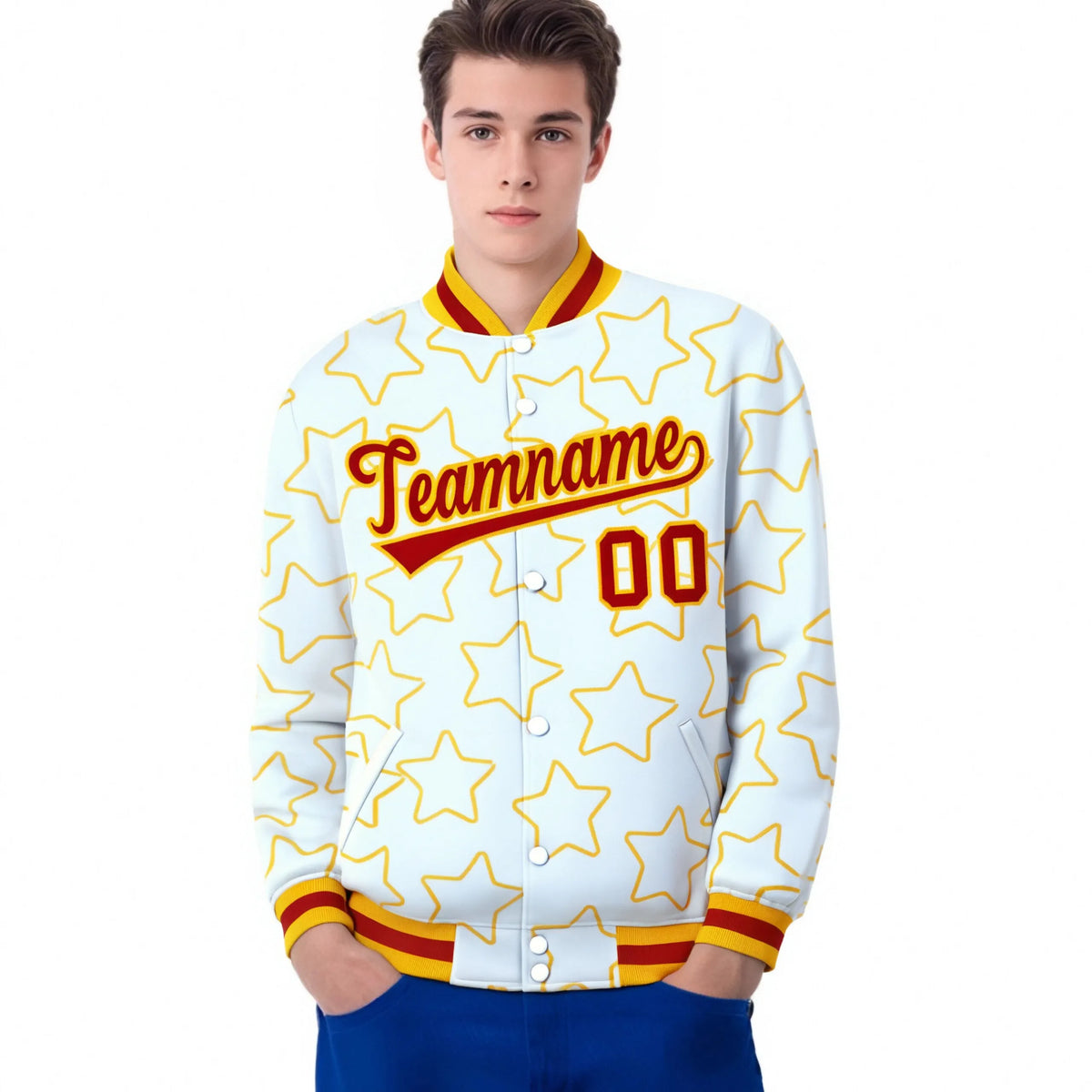 Custom White Red-Gold Varsity Full-Snap Star Pattern Letterman Baseball Jacket