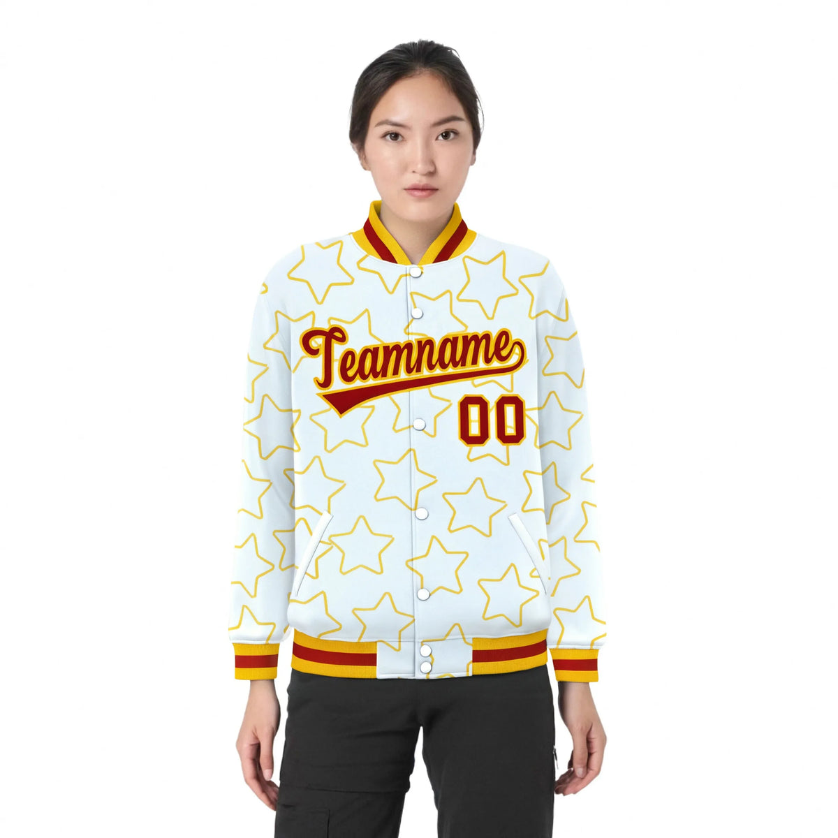 Custom White Red-Gold Varsity Full-Snap Star Pattern Letterman Baseball Jacket