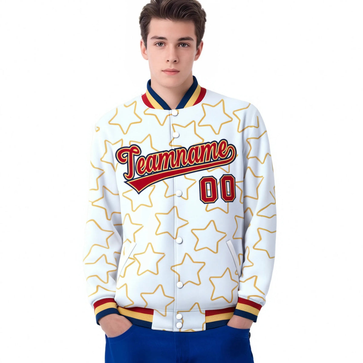 Custom White Red-Navy Varsity Full-Snap Star Pattern Letterman Baseball Jacket
