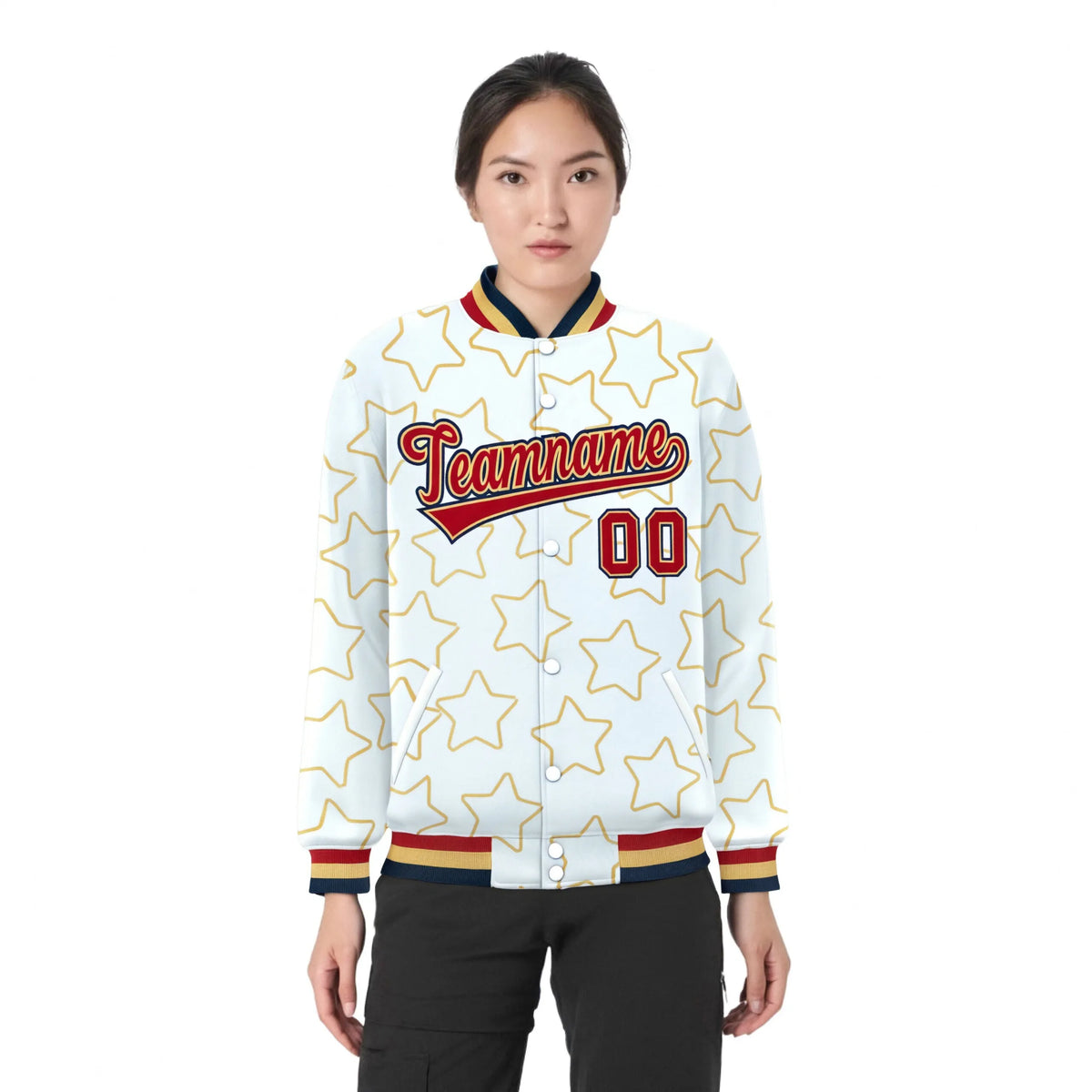 Custom White Red-Navy Varsity Full-Snap Star Pattern Letterman Baseball Jacket
