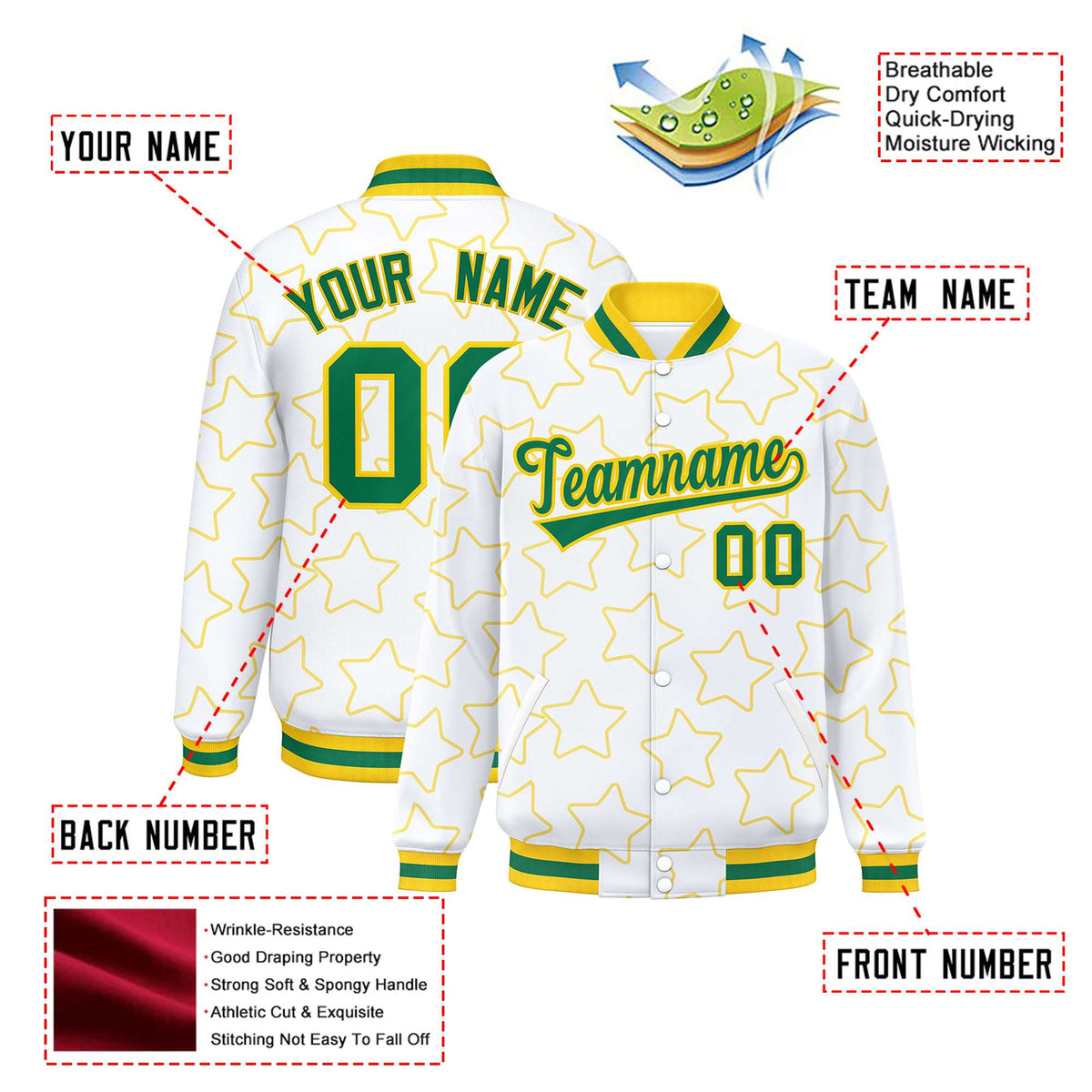 Custom White Neon Green-Gold Varsity Full-Snap Star Pattern Letterman Baseball Jacket