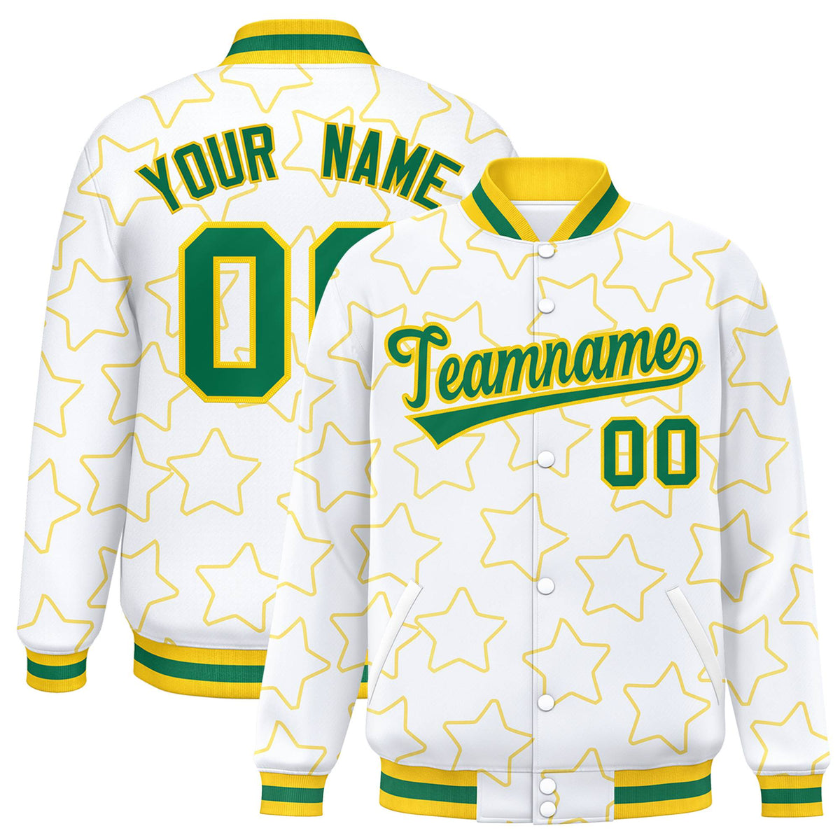 Custom White Neon Green-Gold Varsity Full-Snap Star Pattern Letterman Baseball Jacket