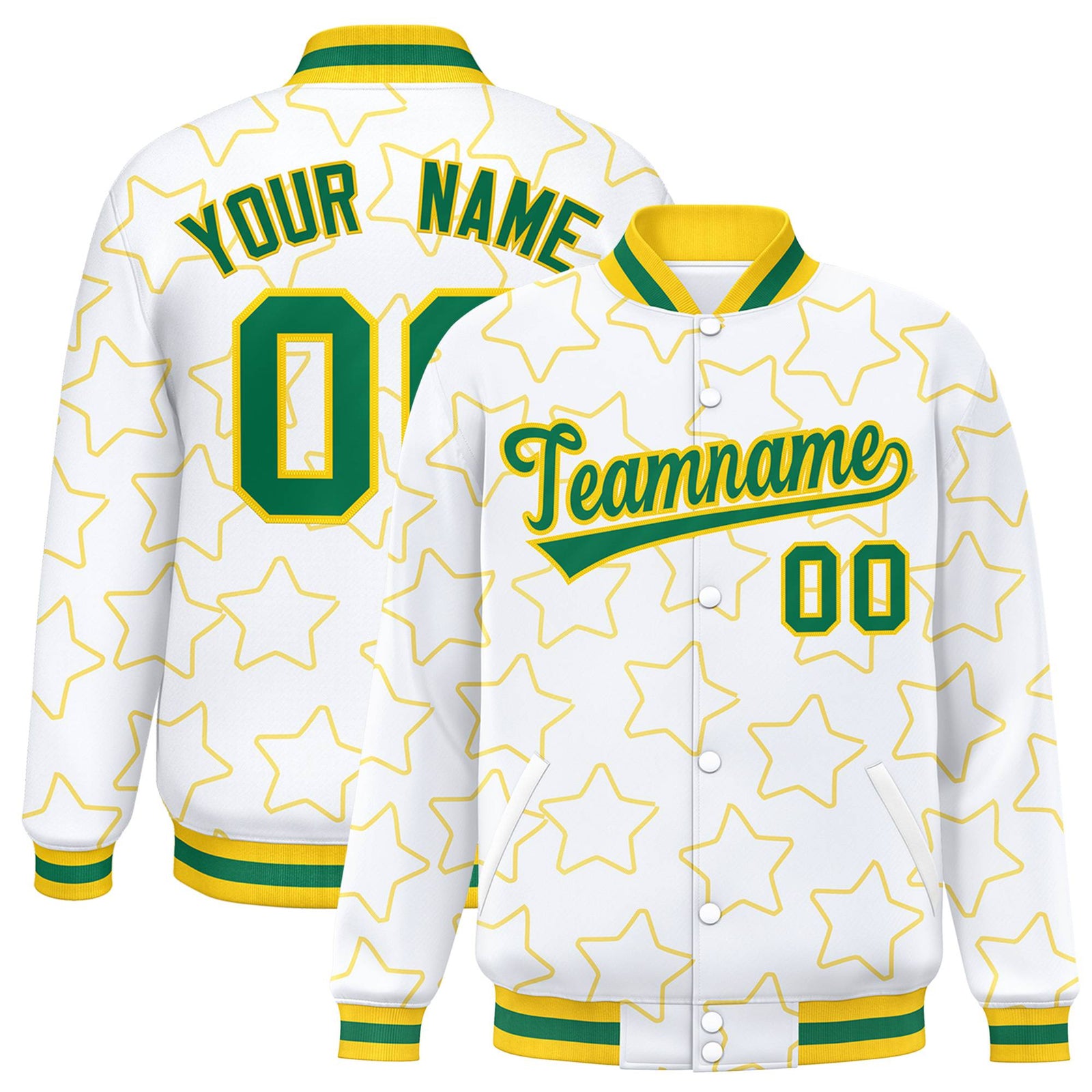 Custom White Neon Green-Gold Varsity Full-Snap Star Pattern Letterman Baseball Jacket