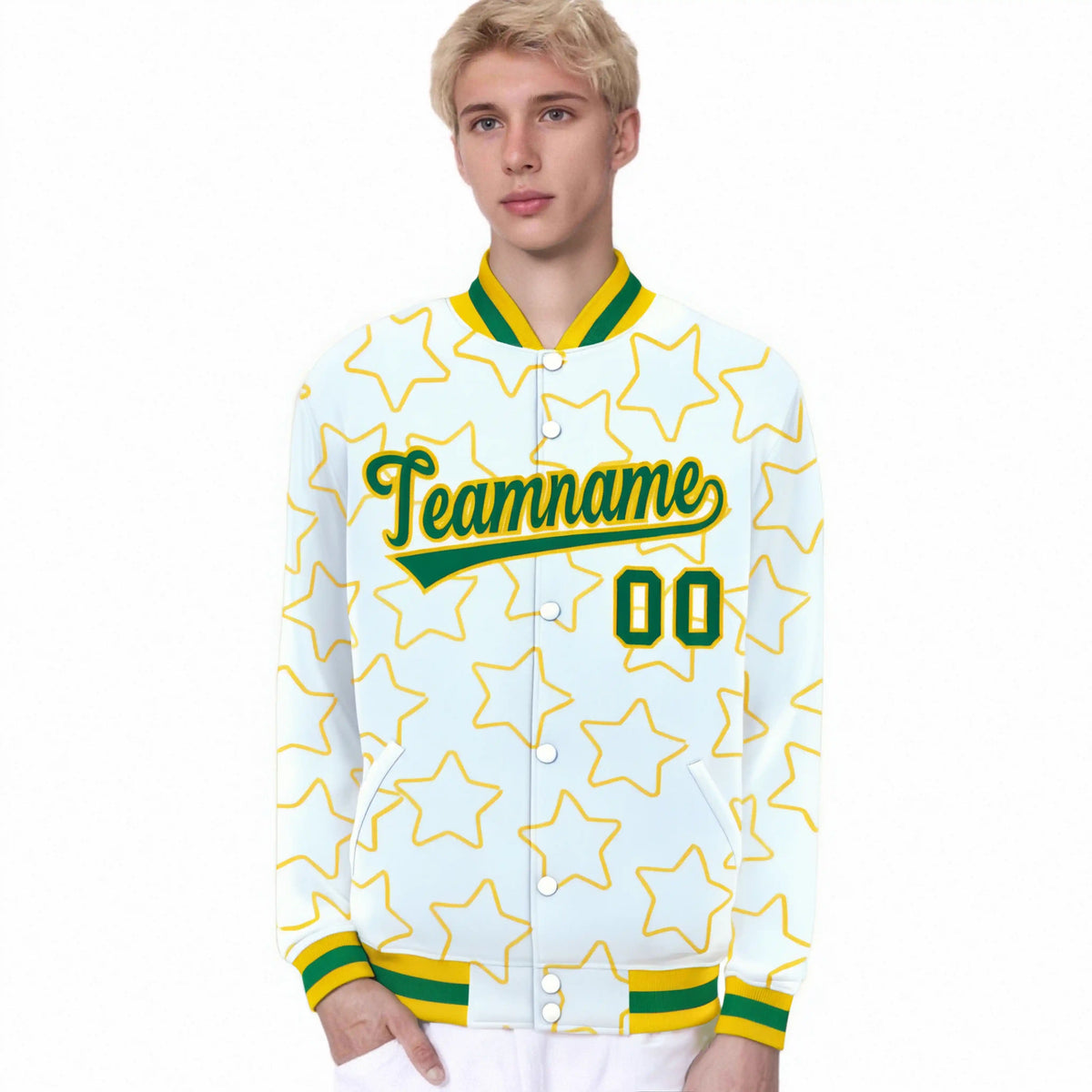 Custom White Neon Green-Gold Varsity Full-Snap Star Pattern Letterman Baseball Jacket