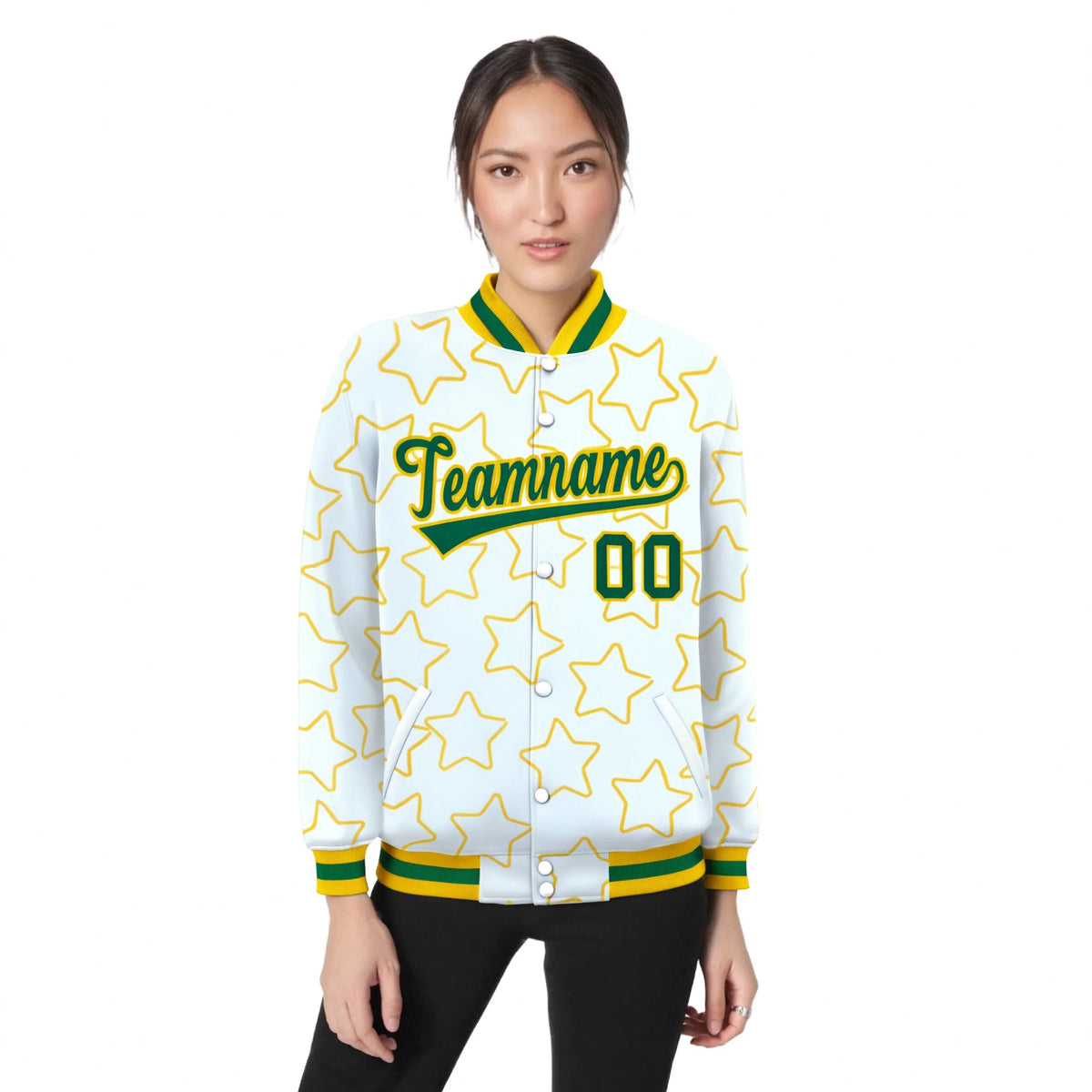 Custom White Neon Green-Gold Varsity Full-Snap Star Pattern Letterman Baseball Jacket