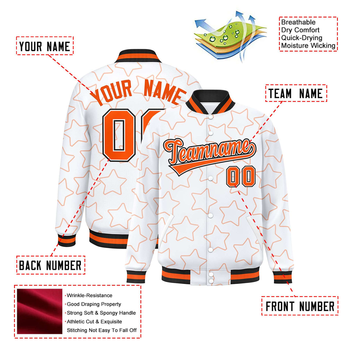 Custom White Orange-Black Varsity Full-Snap Star Pattern Letterman Baseball Jacket