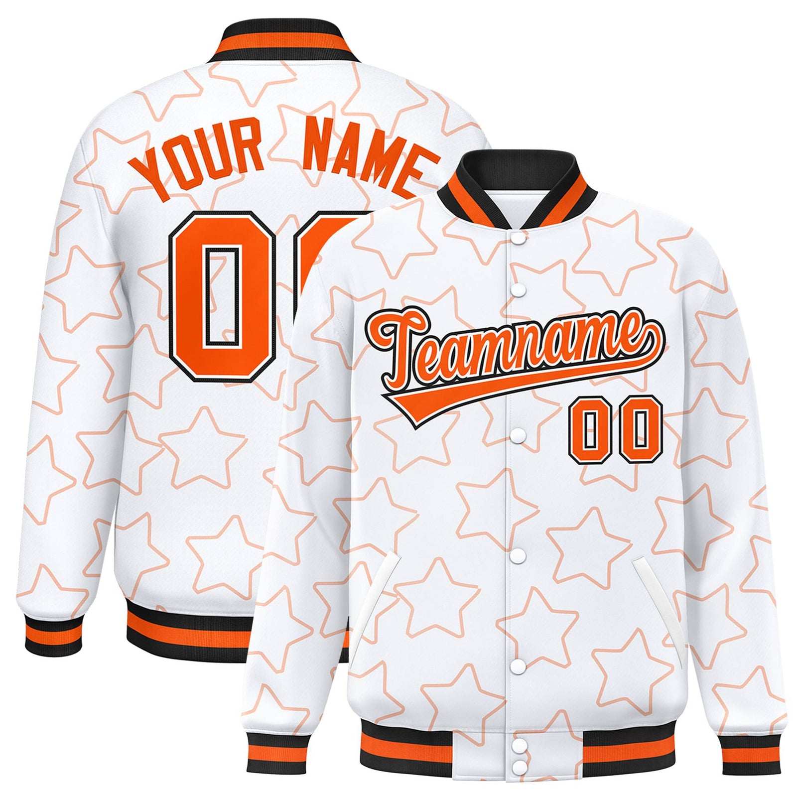Custom White Orange-Black Varsity Full-Snap Star Pattern Letterman Baseball Jacket