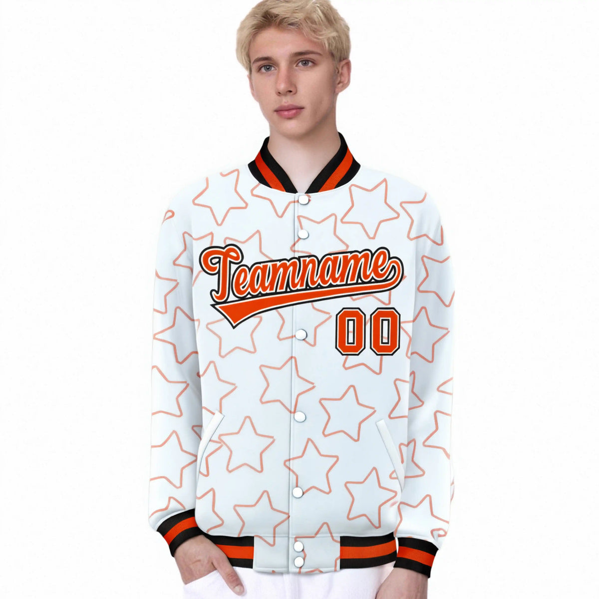 Custom White Orange-Black Varsity Full-Snap Star Pattern Letterman Baseball Jacket