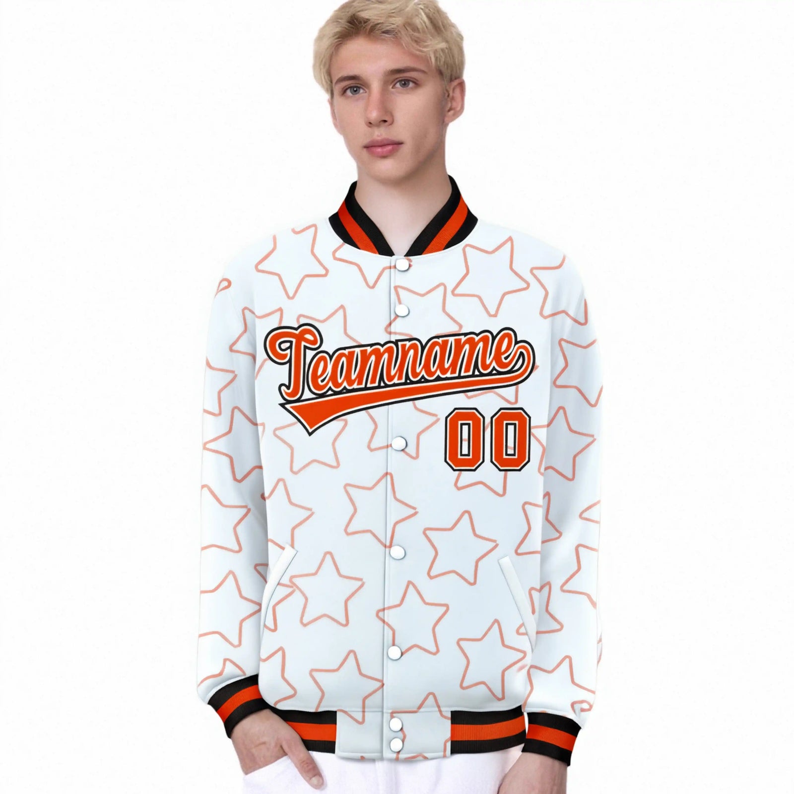 Custom White Orange-Black Varsity Full-Snap Star Pattern Letterman Baseball Jacket