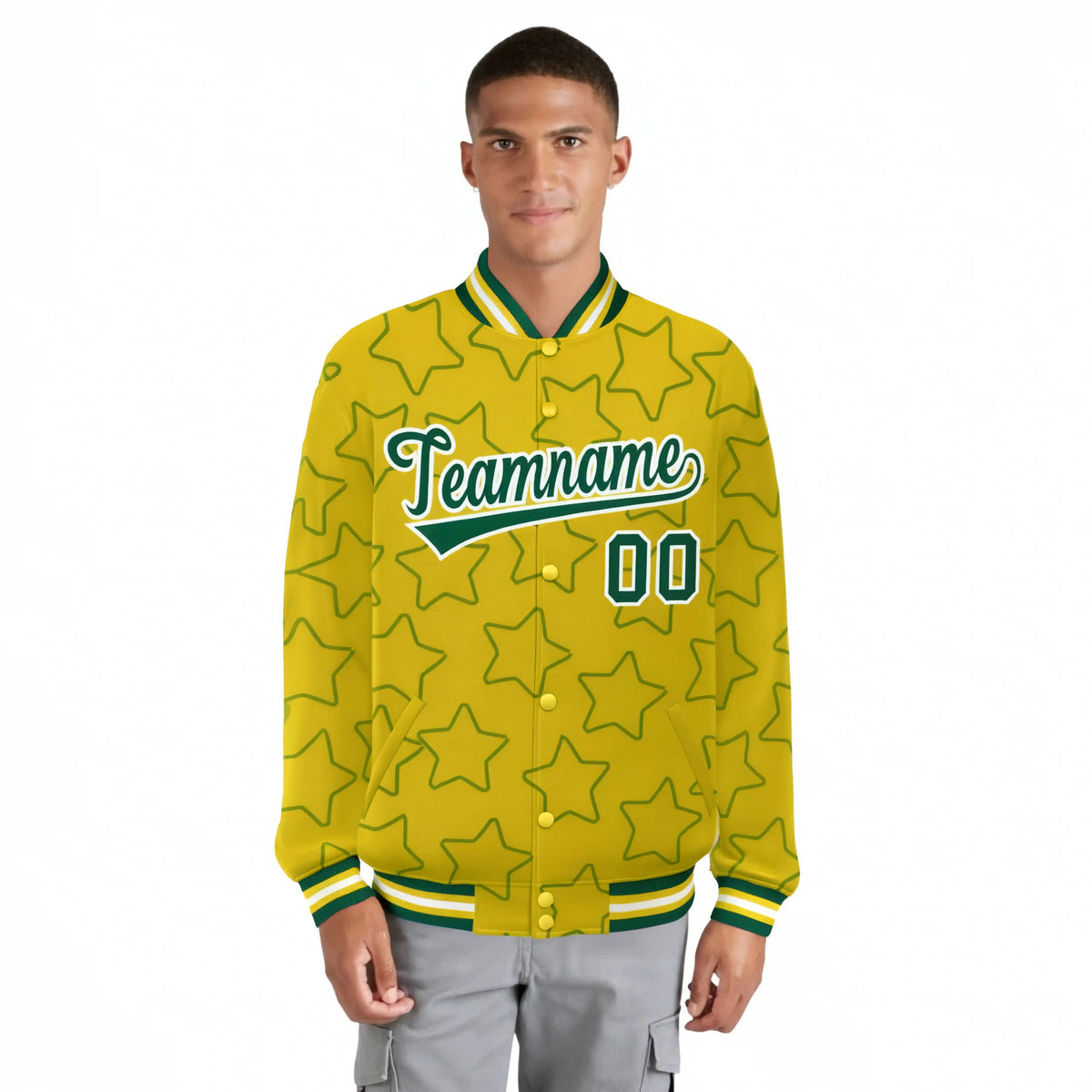 Custom Gold Green-White Varsity Full-Snap Star Pattern Letterman Baseball Jacket