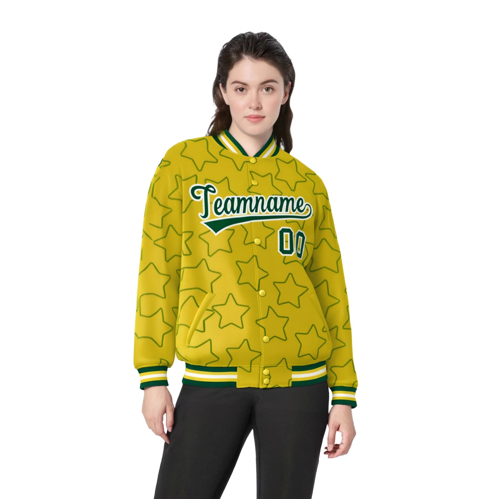 Custom Gold Green-White Varsity Full-Snap Star Pattern Letterman Baseball Jacket