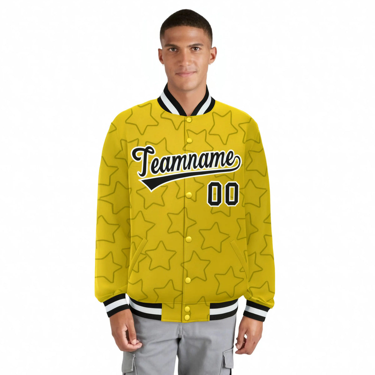Custom Gold Black-White Varsity Full-Snap Star Pattern Letterman Baseball Jacket