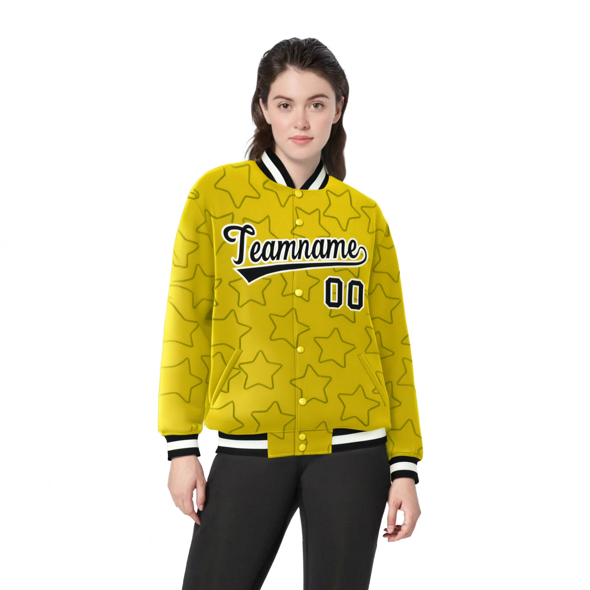 Custom Gold Black-White Varsity Full-Snap Star Pattern Letterman Baseball Jacket