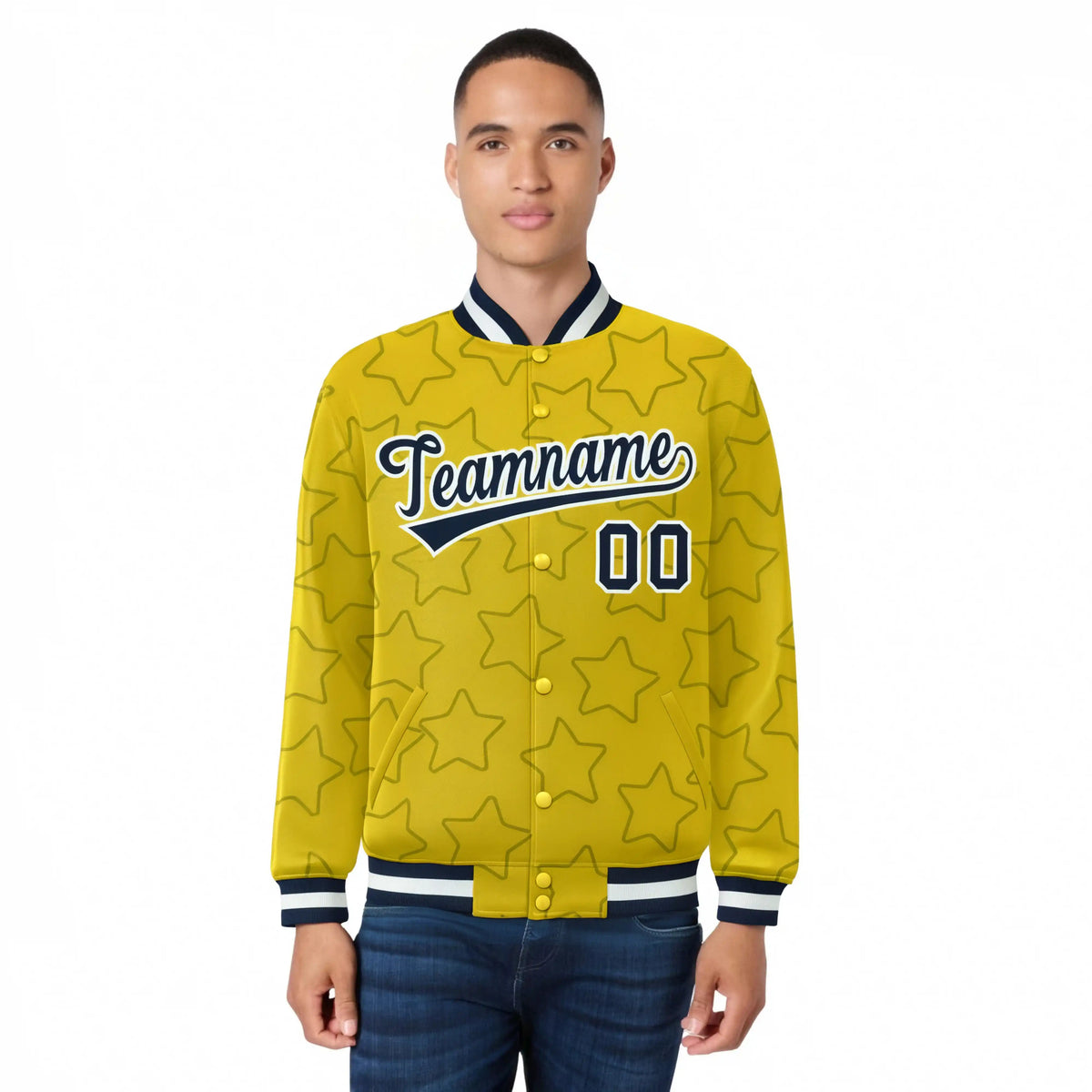 Custom Gold Navy-White Varsity Full-Snap Star Pattern Letterman Baseball Jacket
