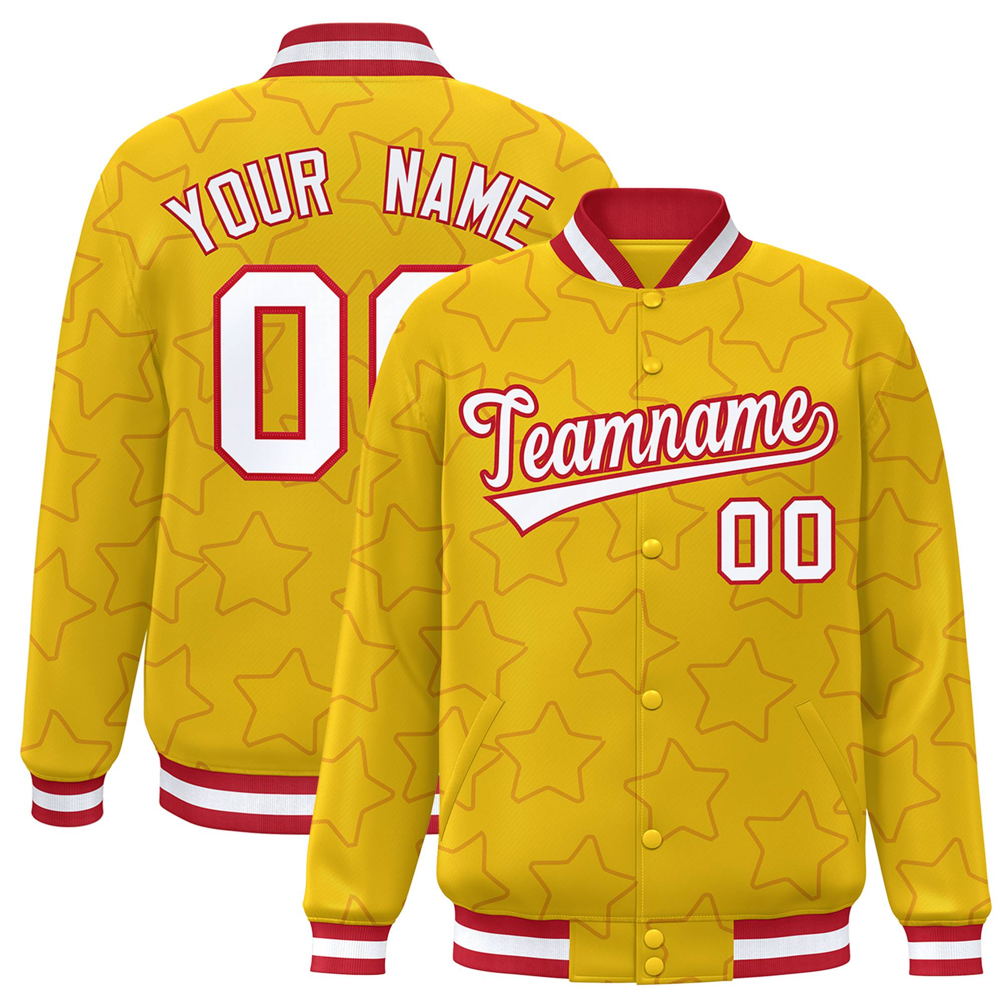 Custom Gold White-Red Varsity Full-Snap Star Pattern Letterman Baseball Jacket