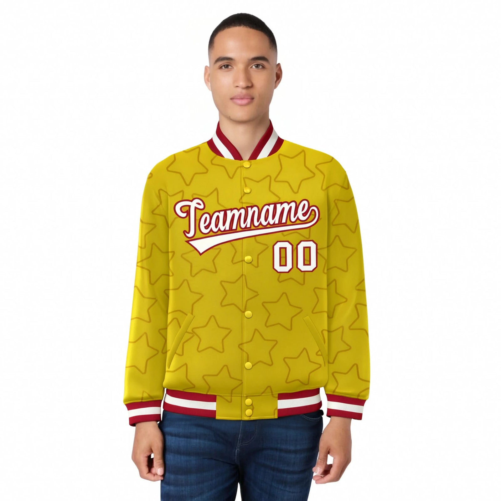 Custom Gold White-Red Varsity Full-Snap Star Pattern Letterman Baseball Jacket